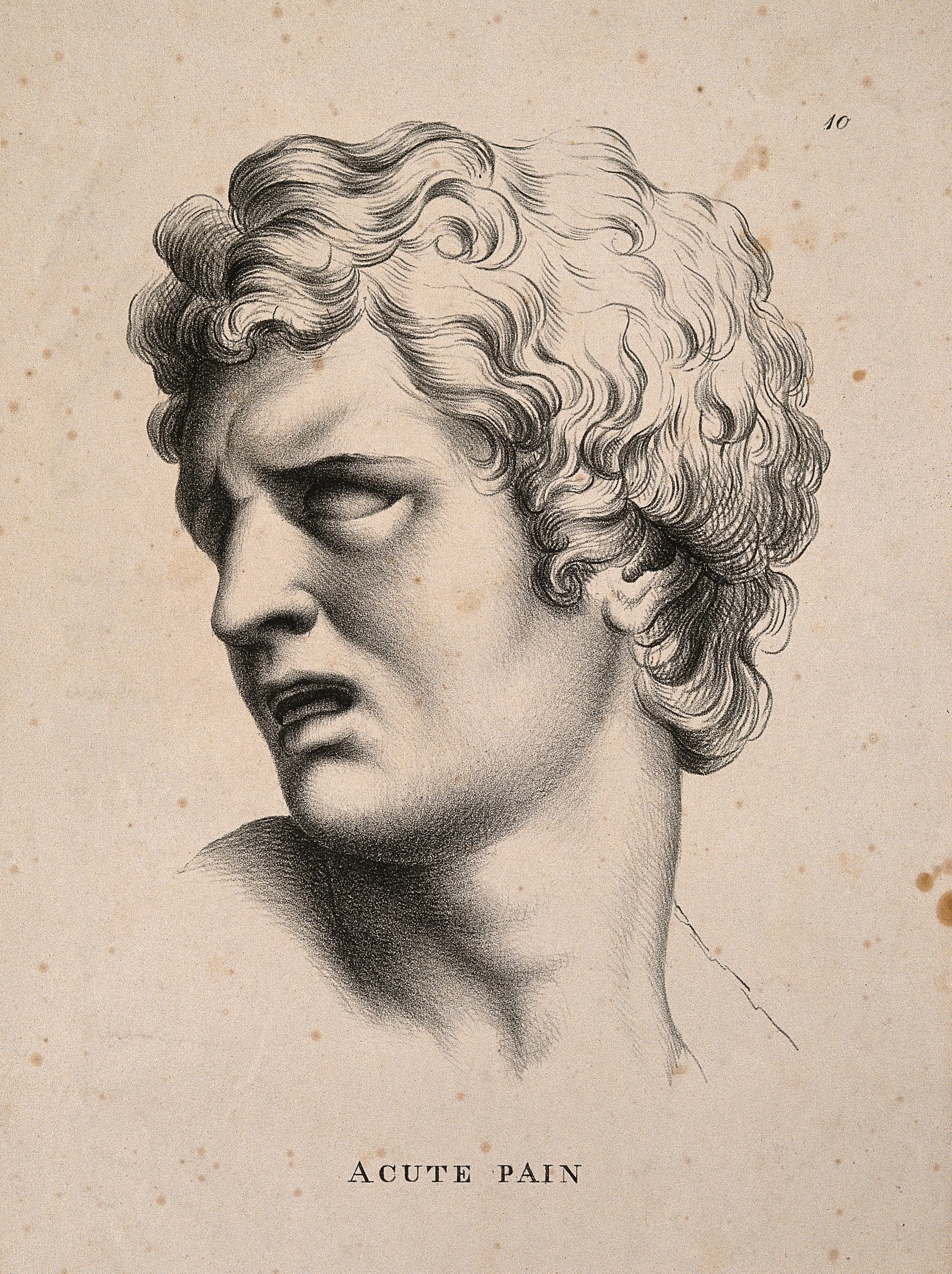 A face turned away, suffering acute pain. Lithograph by P. Simonau, 1822, after C. Le Brun.