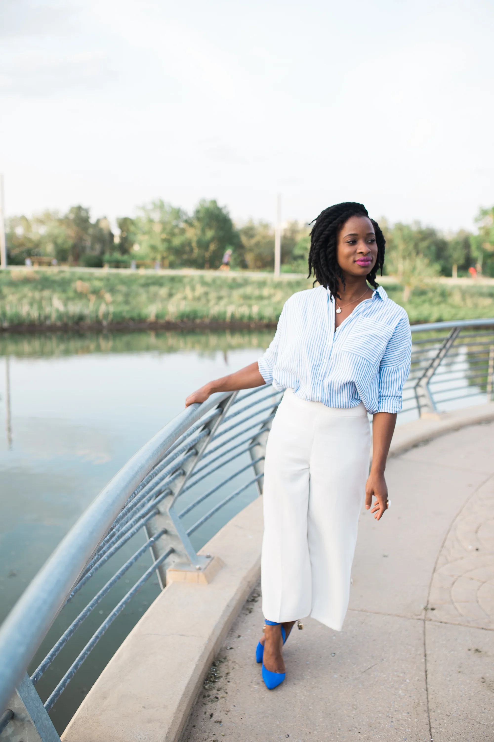Striped blue shirt paired with white culottes from Zara. Blue helels with anklet from JustFab.