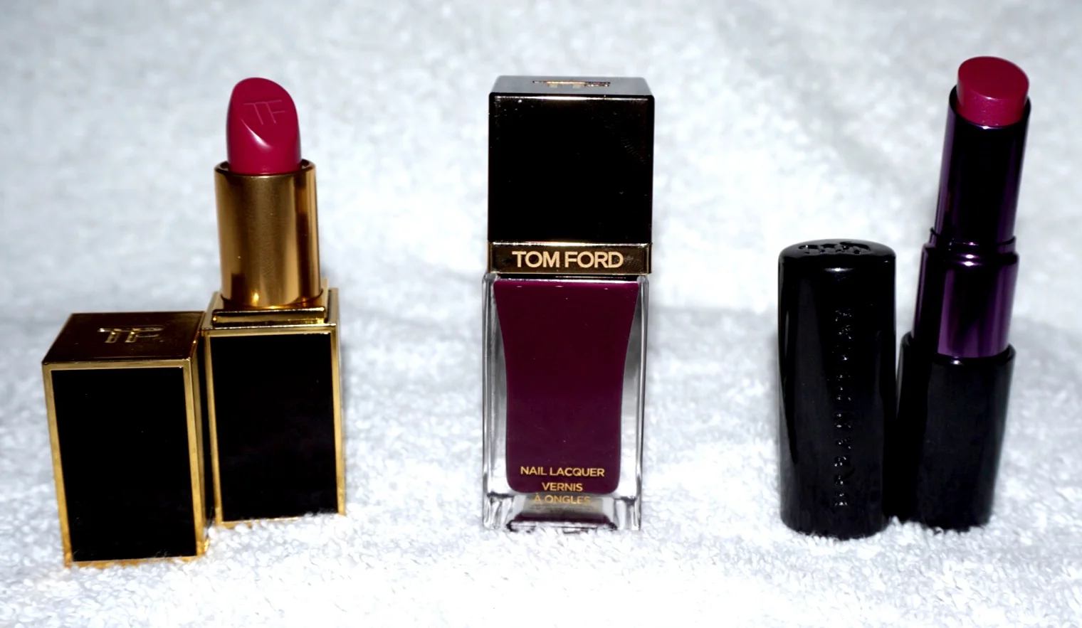  Tom Ford Matte Lipstick in  Velvet Violet &nbsp;(left)  Tom Ford &nbsp;Nail Polish in  Plum Noir &nbsp;(center)  Urban Decay Matte Revolution Lipstick in  Afterdark &nbsp;(right) 