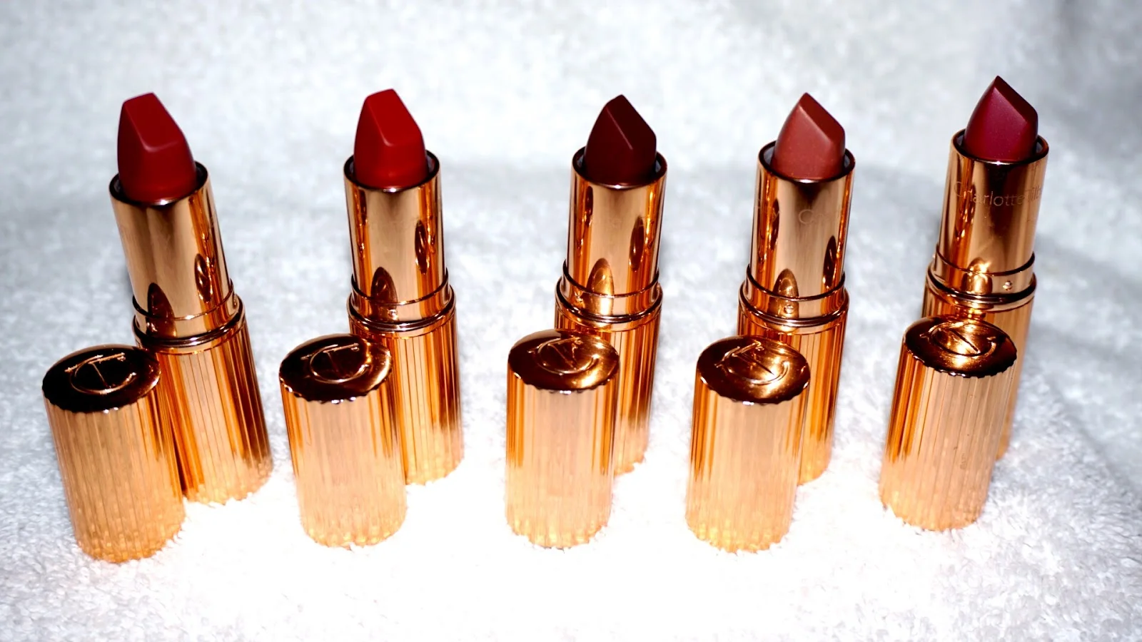  Charlotte Tilbury Matte Revolution Lipsticks in (L-R):&nbsp;   Bond Girl, Walk of Shame, Glastonberry, Very Victoria &nbsp;and  Love Liberty     