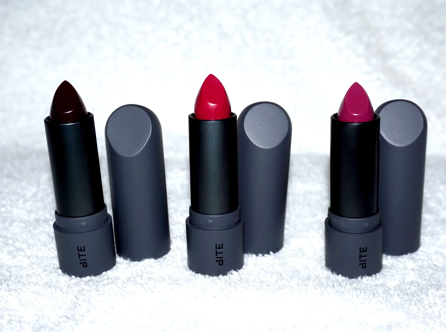  Bite Matte Creme Lipstick in (L-R):   Elderberry, Juniper  and &nbsp;Barberry     