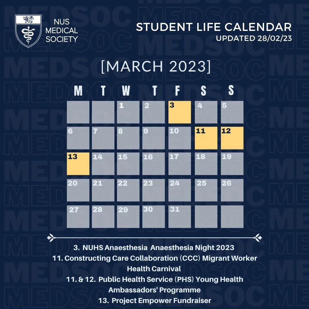 Student Life Calendar - Mar'23 🌟

Read on to see what's upcoming for this month 👀

3/3 - NUHS Anaesthesia Anaesthesia Night 2023 
11/3 - @constructingcarecollaboration&nbsp;Migrant Worker Health Carnival 
11/3 &amp; 12/3 - @publichealthservice&nbsp