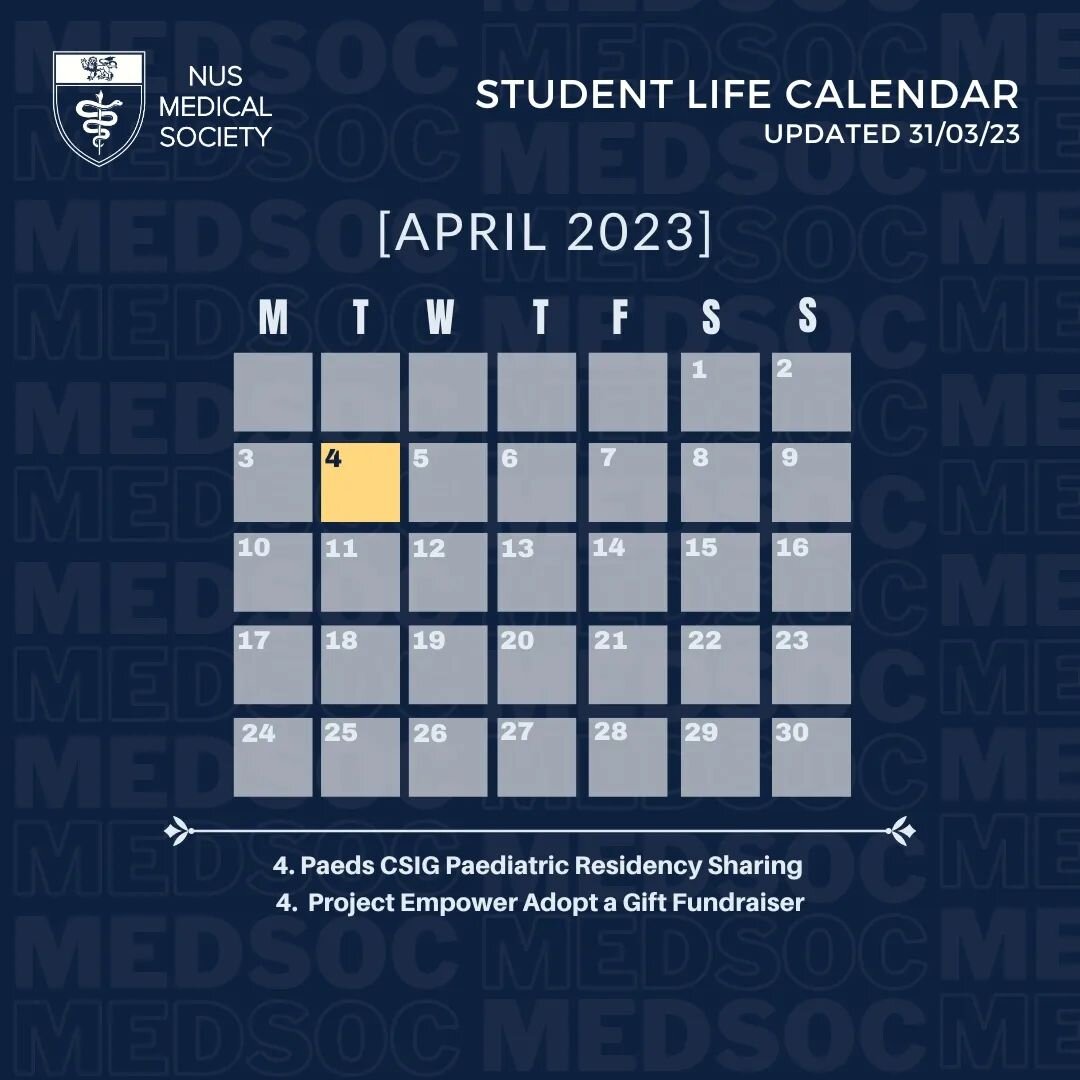 Student Life Calendar - Apr'23 ✨

Read on to see what's upcoming for this month 👀

4/3 - @paeds.csig Paediatric residency sharing
4/3 - @projempower Adopt a Gift fundraiser

Refer to tinyurl.com/medskucalendar&nbsp;for the most updated schedules!