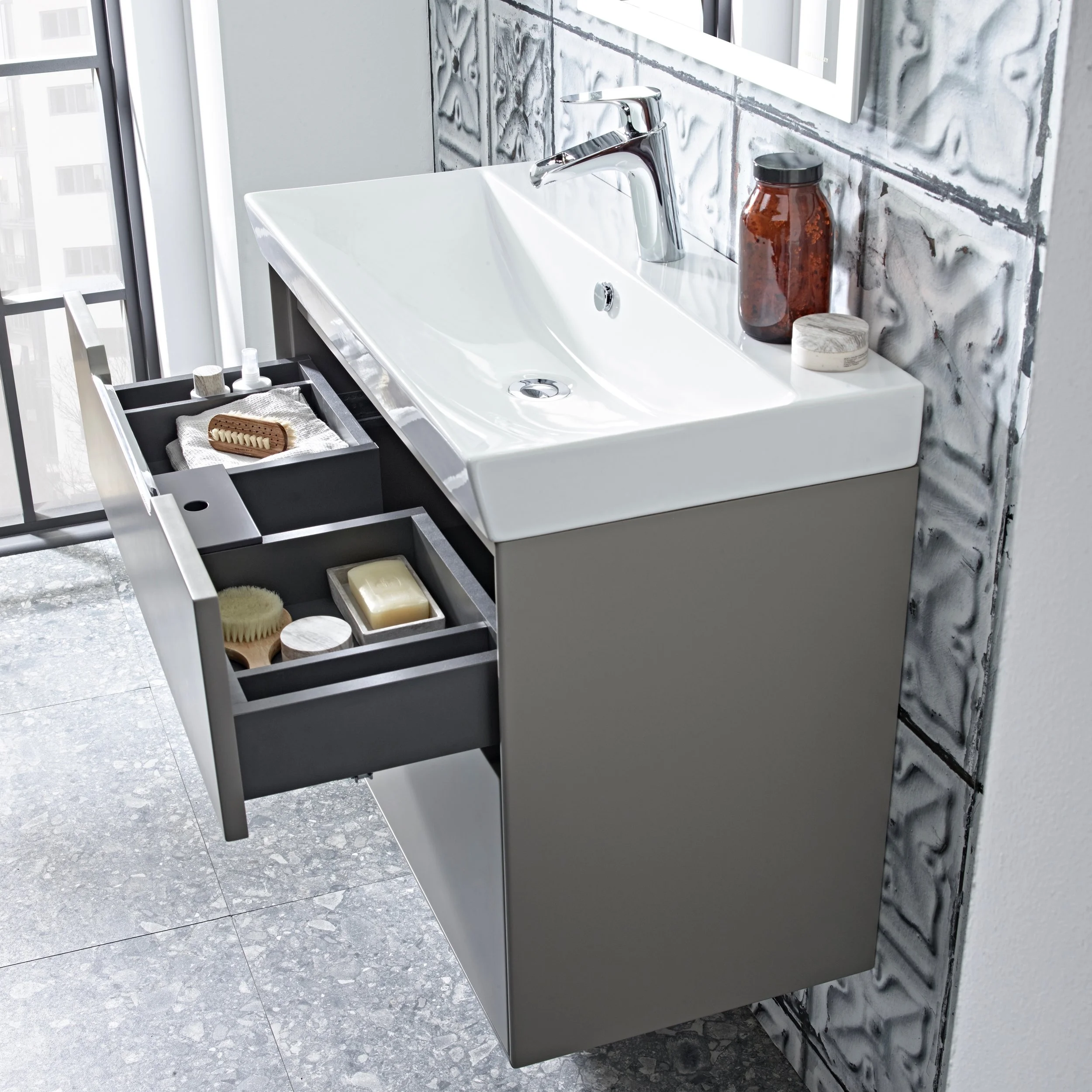 Monograph 800mm light grey basin usnit drawer open_Lifestyle V4.jpg