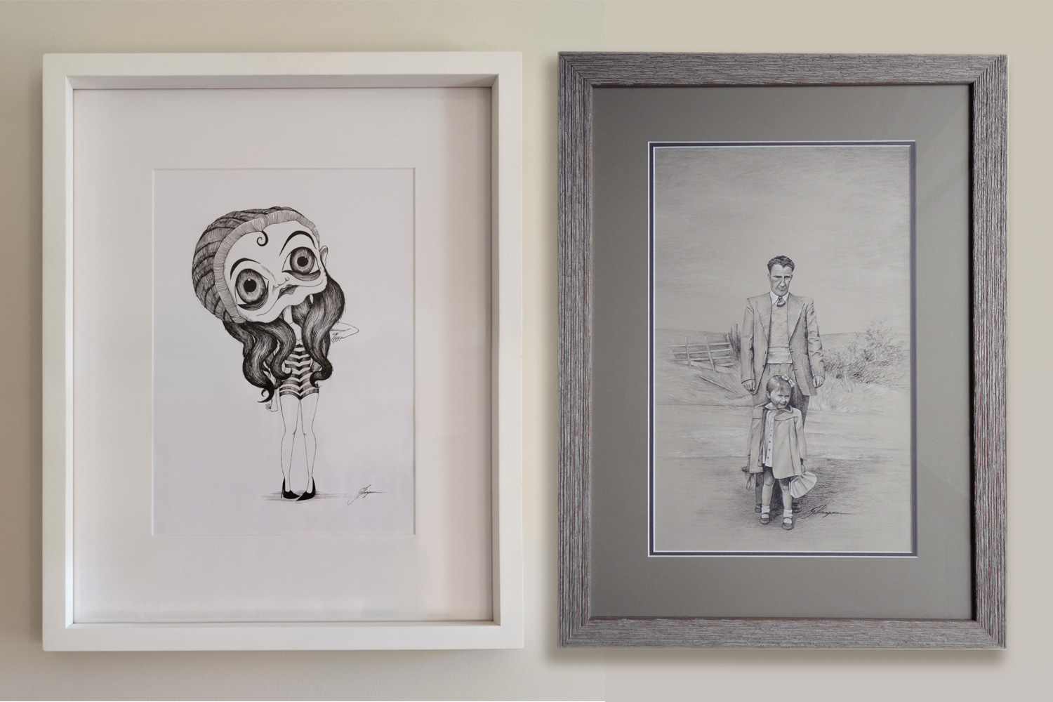 Left 'Lost Youth' 2012, Ink on paper, 230mm x 330mm (9in x 12.9in). Right 'Father and Daughter' 2013, White and black charcoal on brown paper, 260mm x 400mm (10.2in x 15.7in).