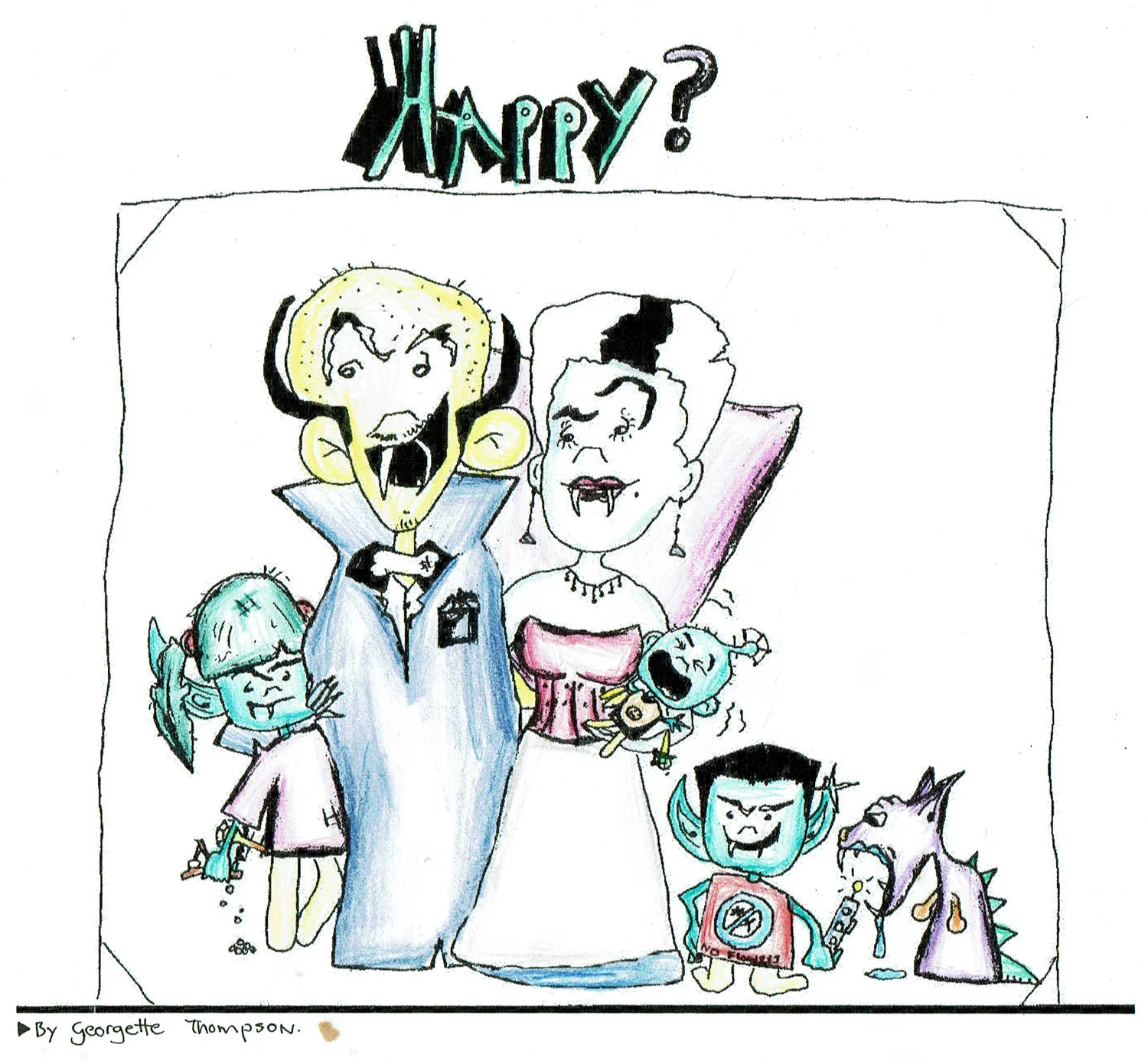 Happy family. Vampire family drawing aged 11 years.