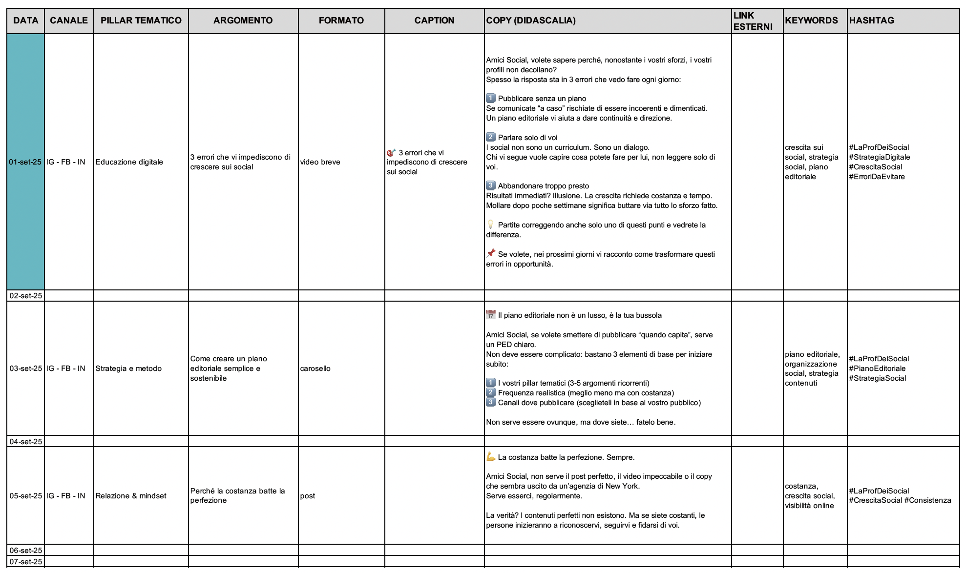 Esempio di Calendario editoriale Social compilato - pagina 1
