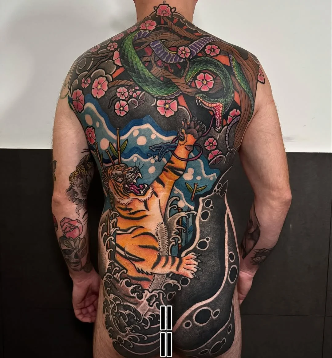 Uk books open. Tiger and Snake on the back, colour, oriental inspired 🤙 thank you for the trust.jpg