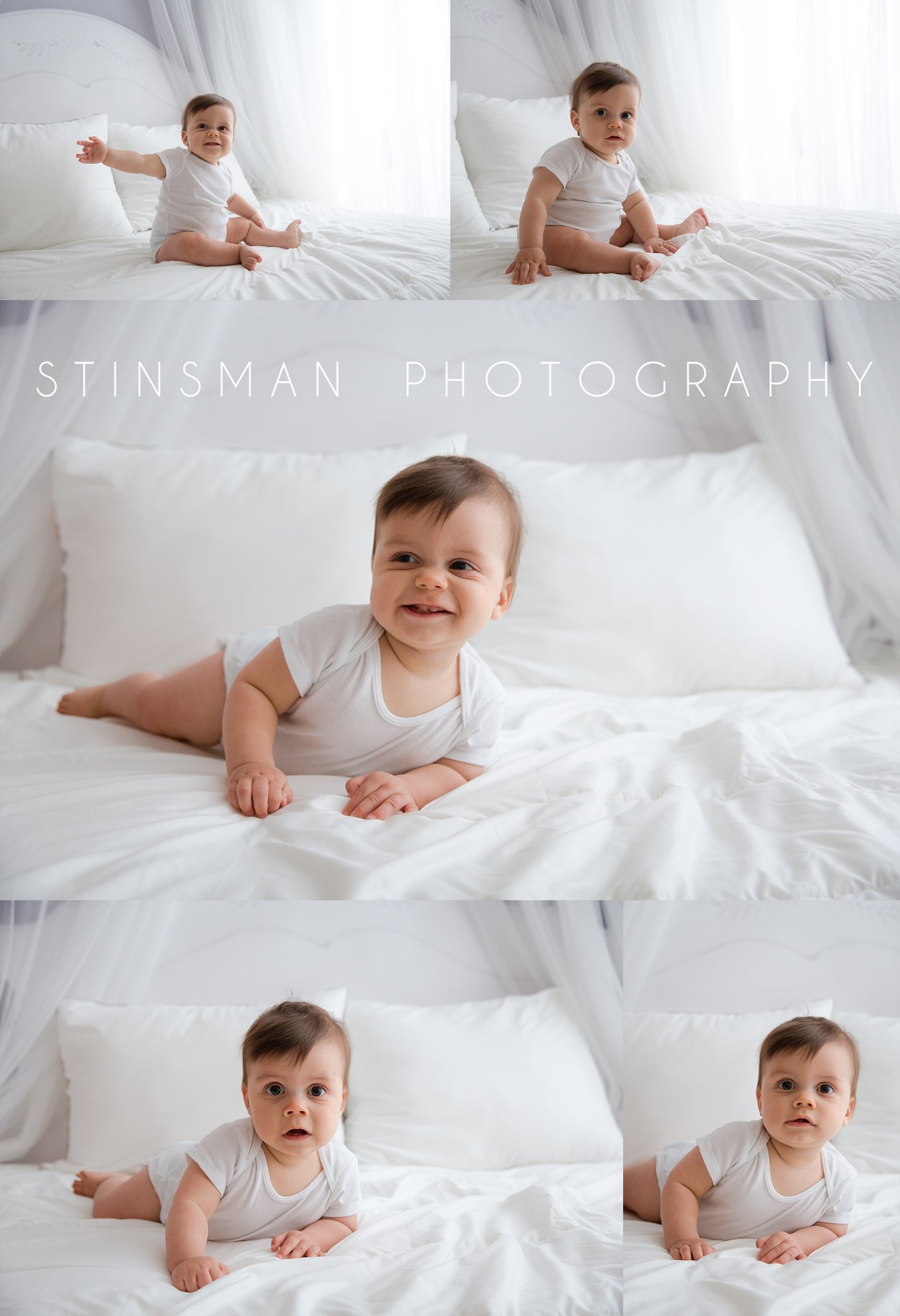 9 month old baby sitting on a bed making funny faces wearing a white shirt