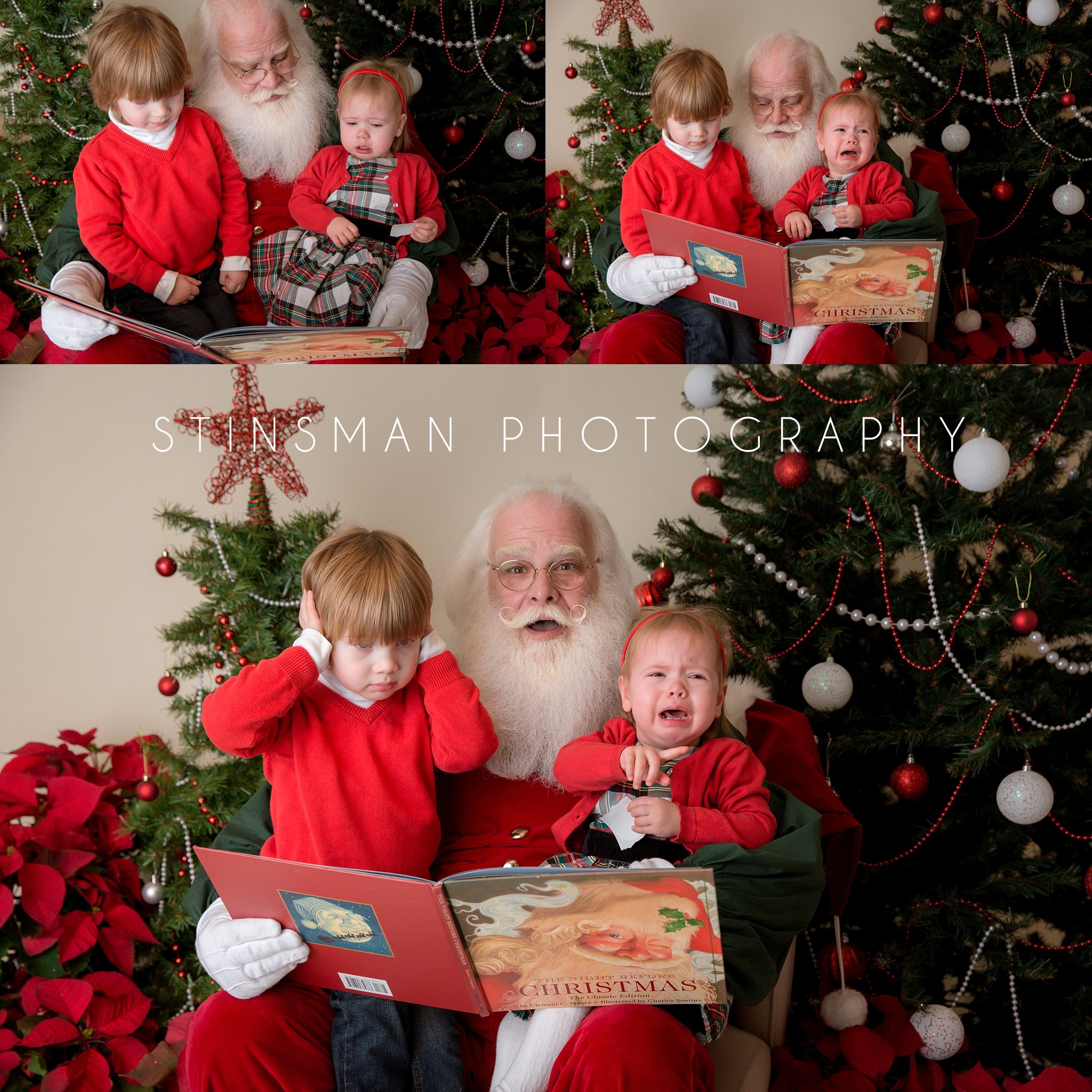 brother and sister sitting with santa but little girl is crying new jersey photographer