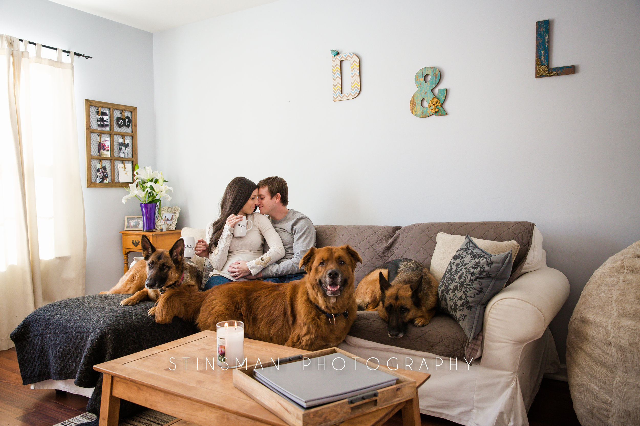 in home maternity session with three adopted dogs in new jersey