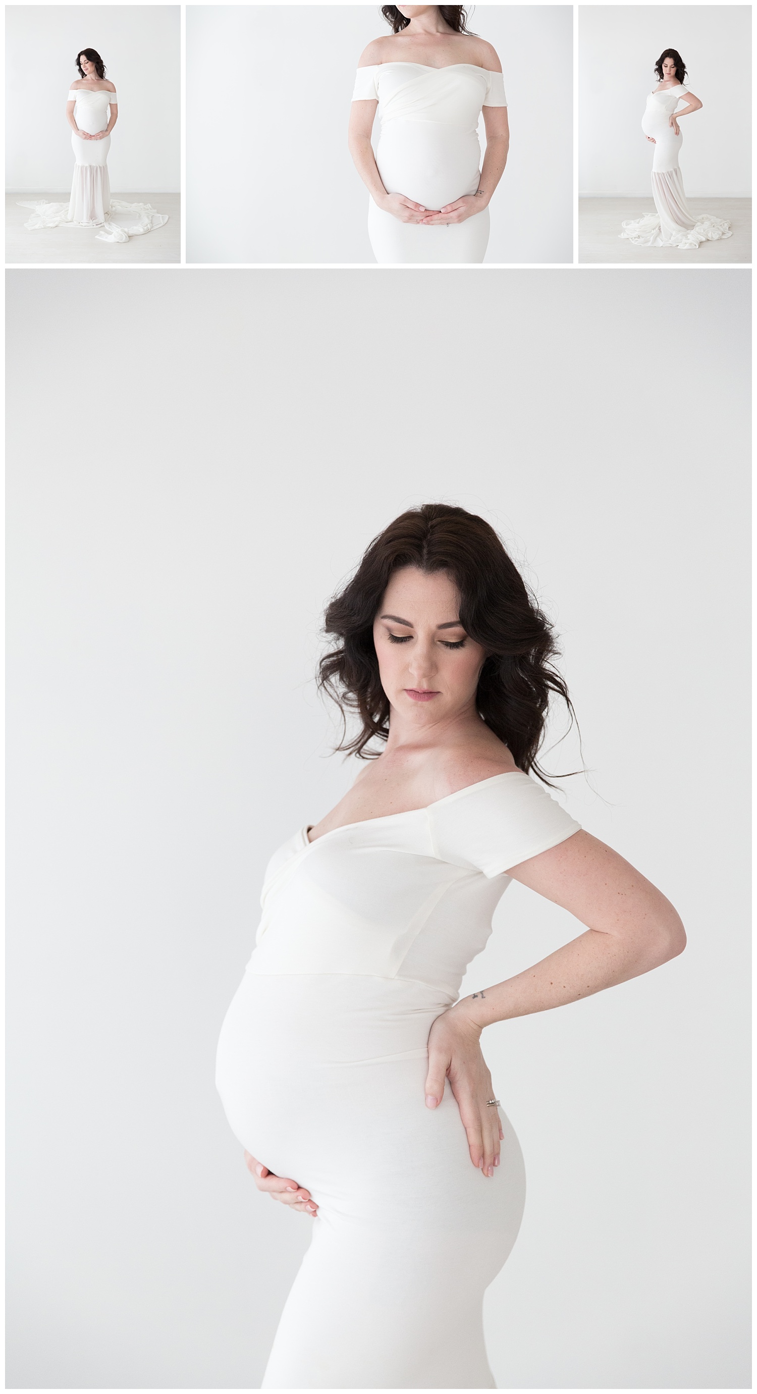 pregnant mom wearing a white dress holding her belly in burlington nj pregnancy photos