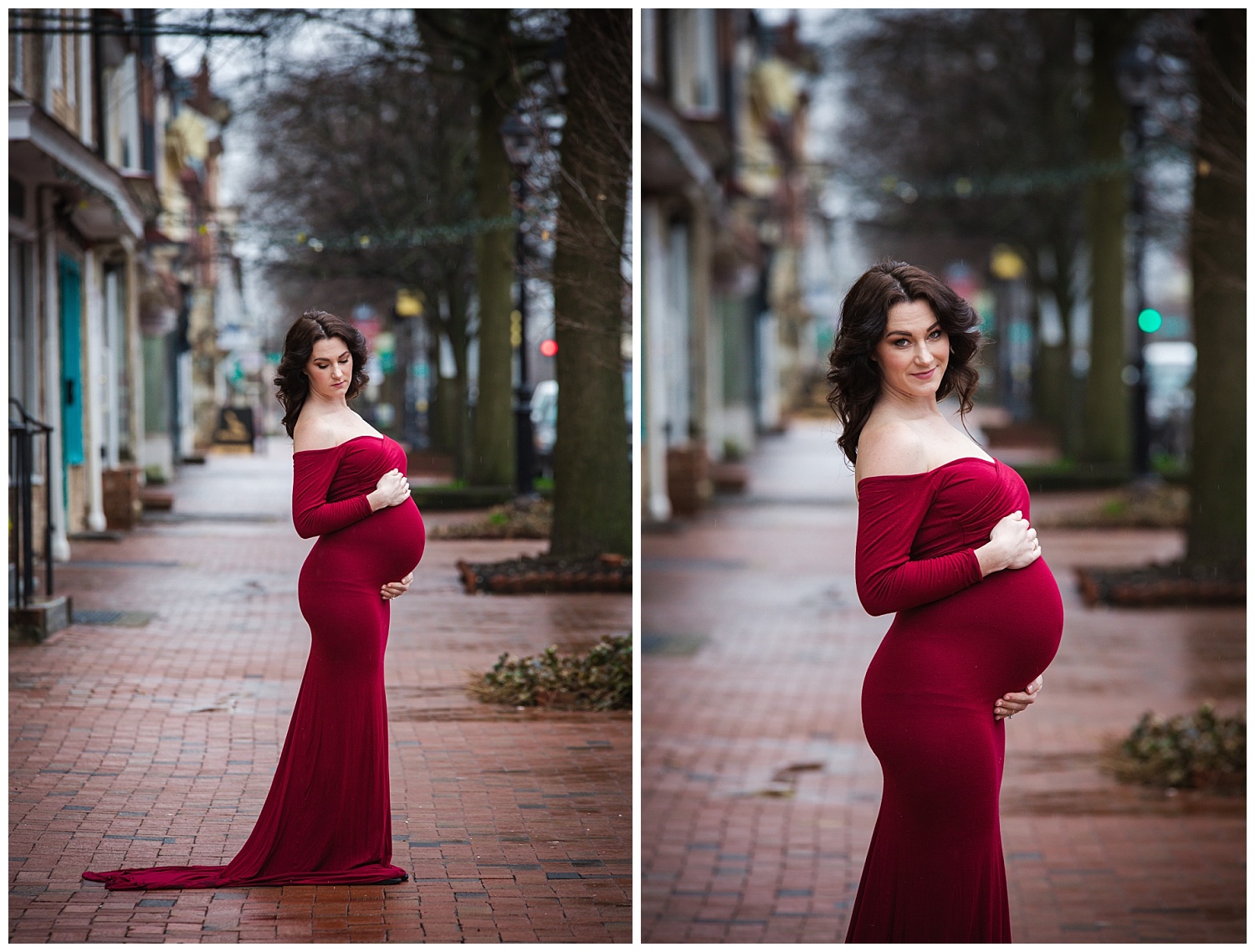 pregnant mom wearing a red dress on the main street in burlington city new jersey