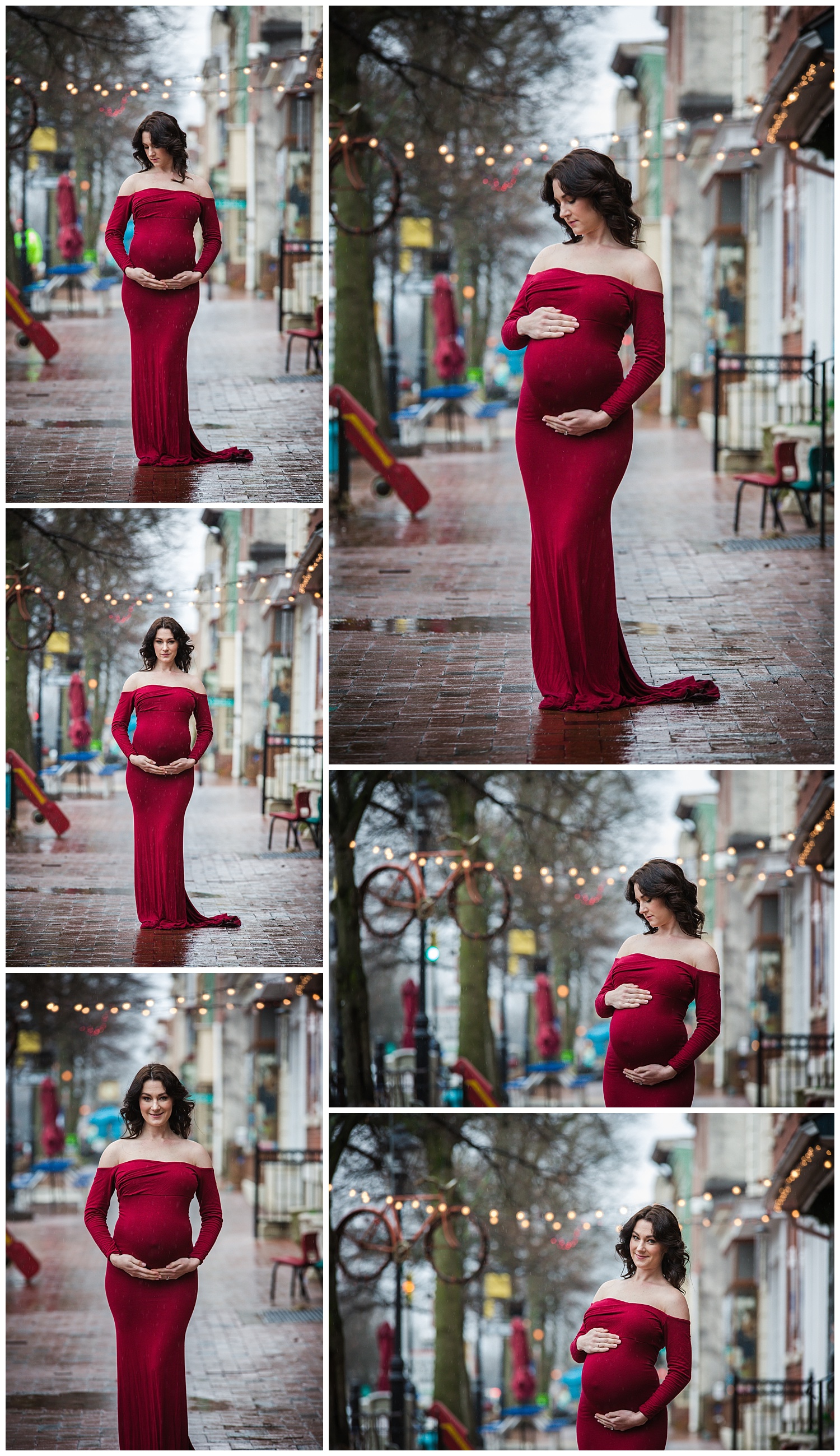 pregnancy photos in a red dress in burlington nj while raining