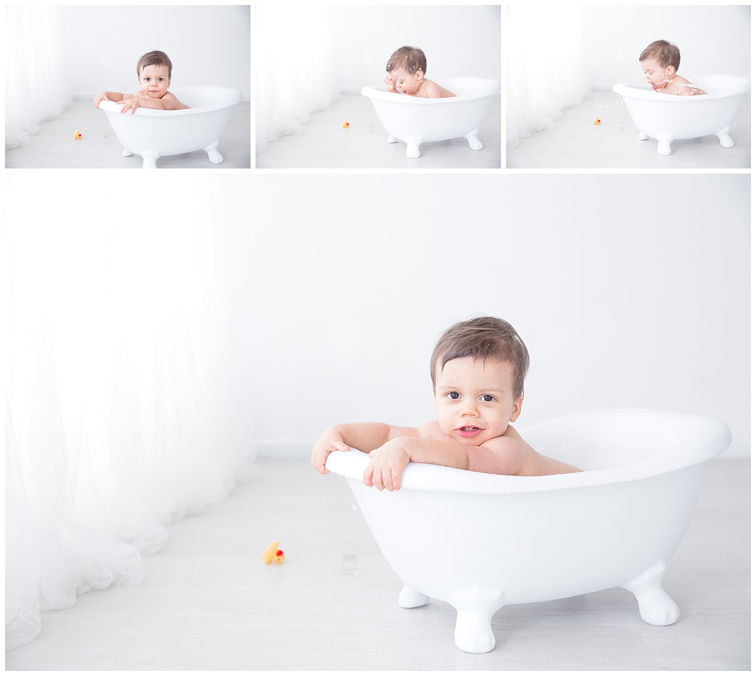 little boy posing in the tub with his rubber duckies for his first birthday photo shoot in burlington new jersey