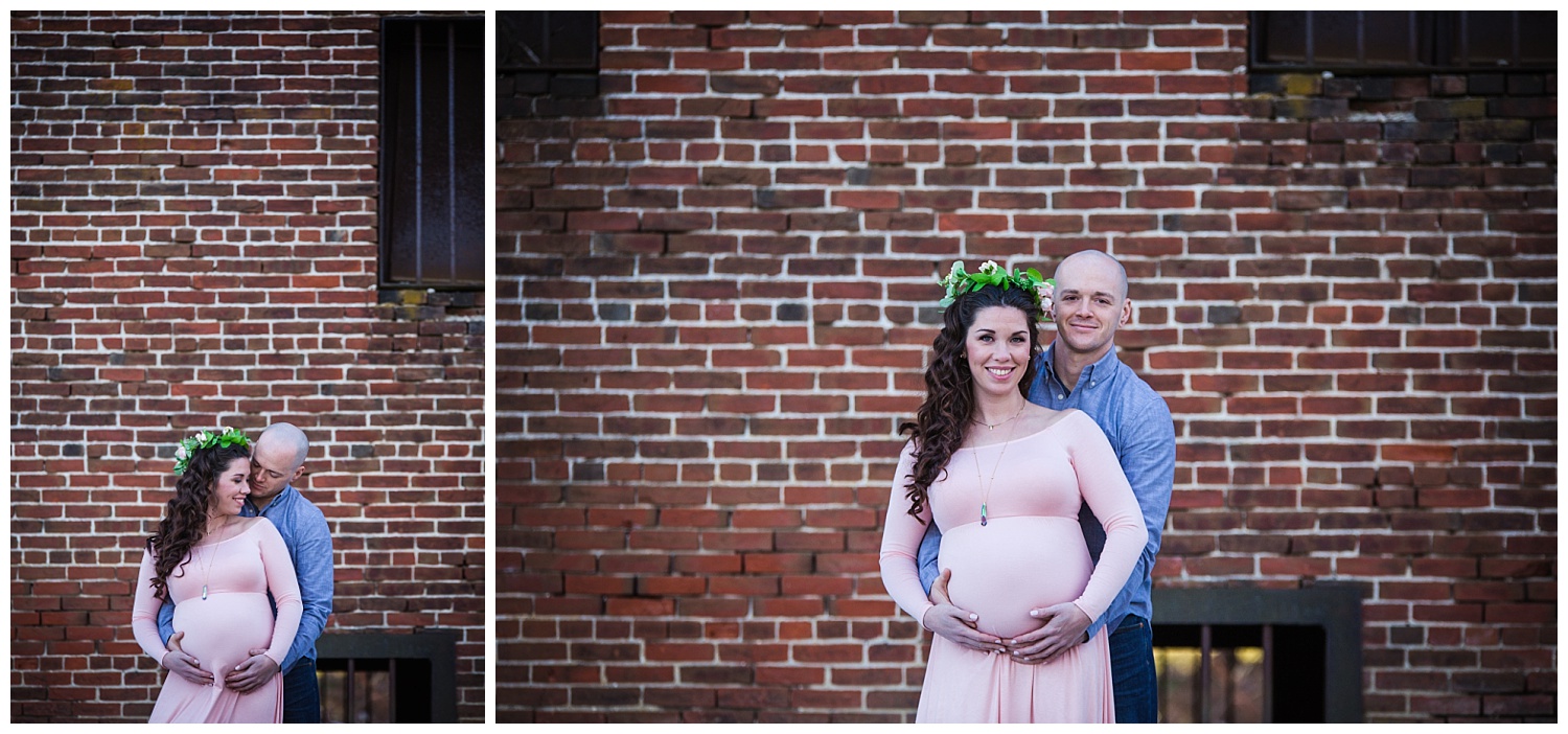 brick wall maternity session in mount holly and burlington new jersey wearing a flower crown