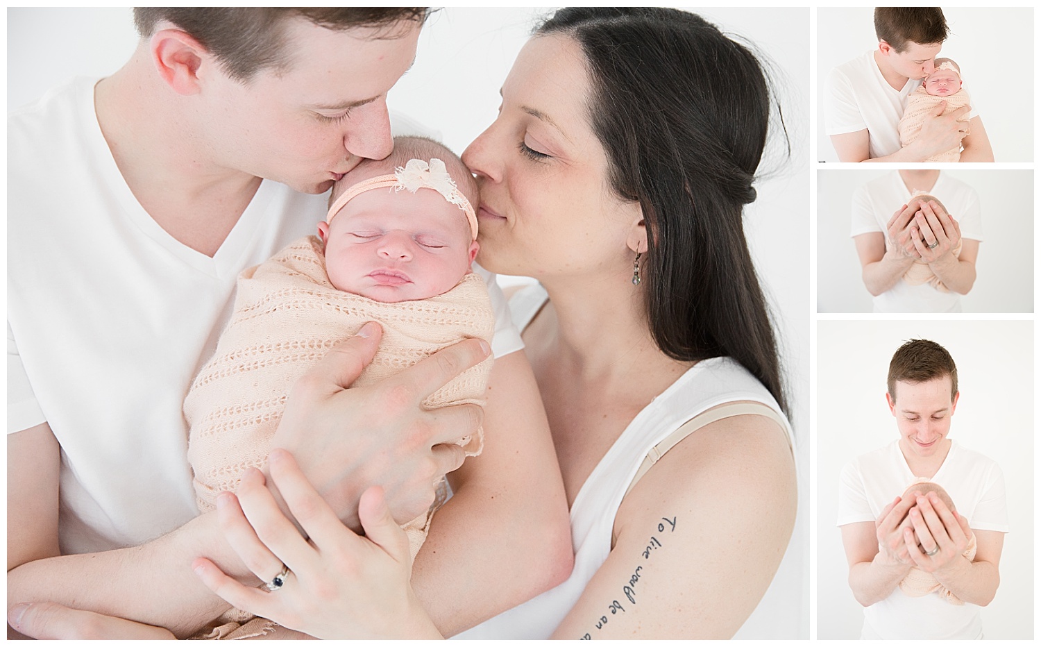 mom and dad kissing baby girl in photo shoot in burlington new jersey