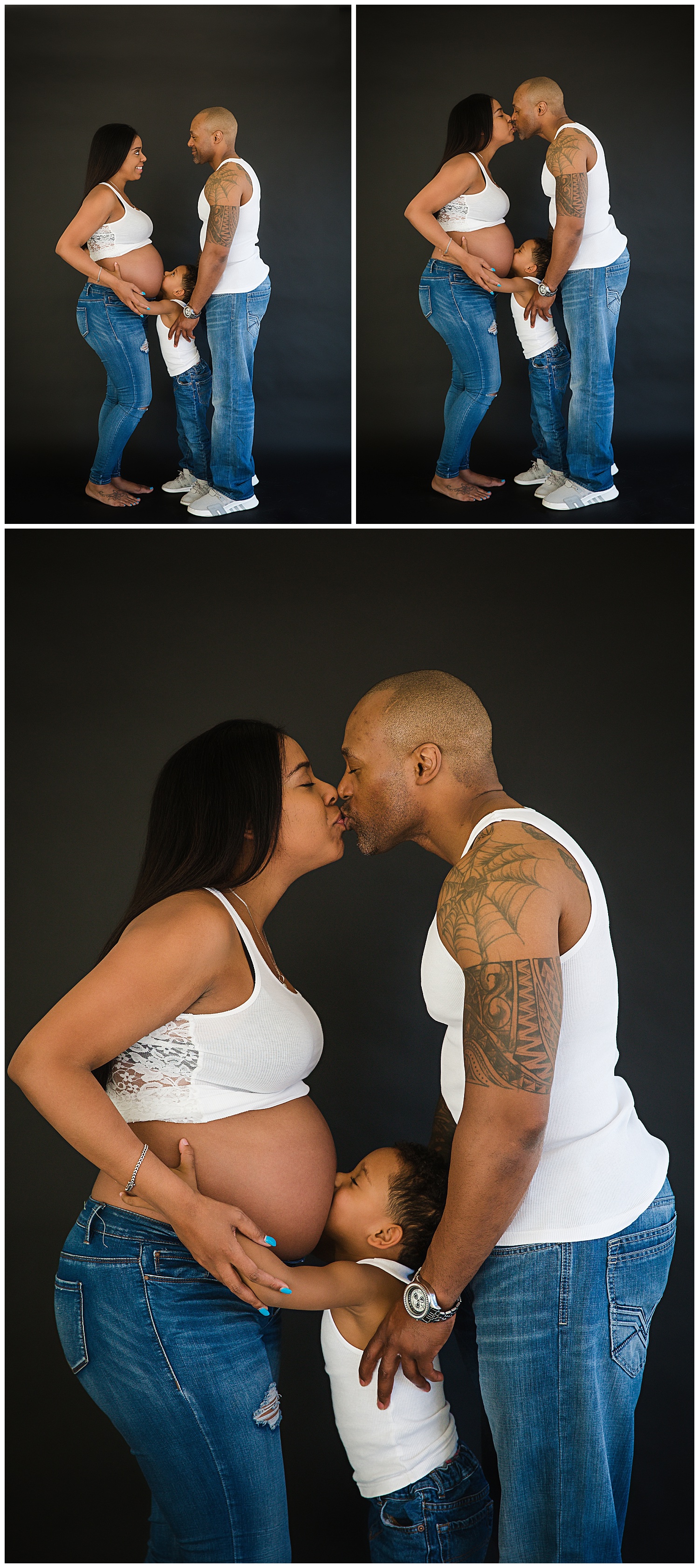 in studio black couple burlington new jersey maternity photos wearing white shirts and blue jeans