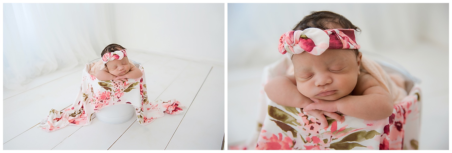 baby girl wrapped in floral in burlington nj studio