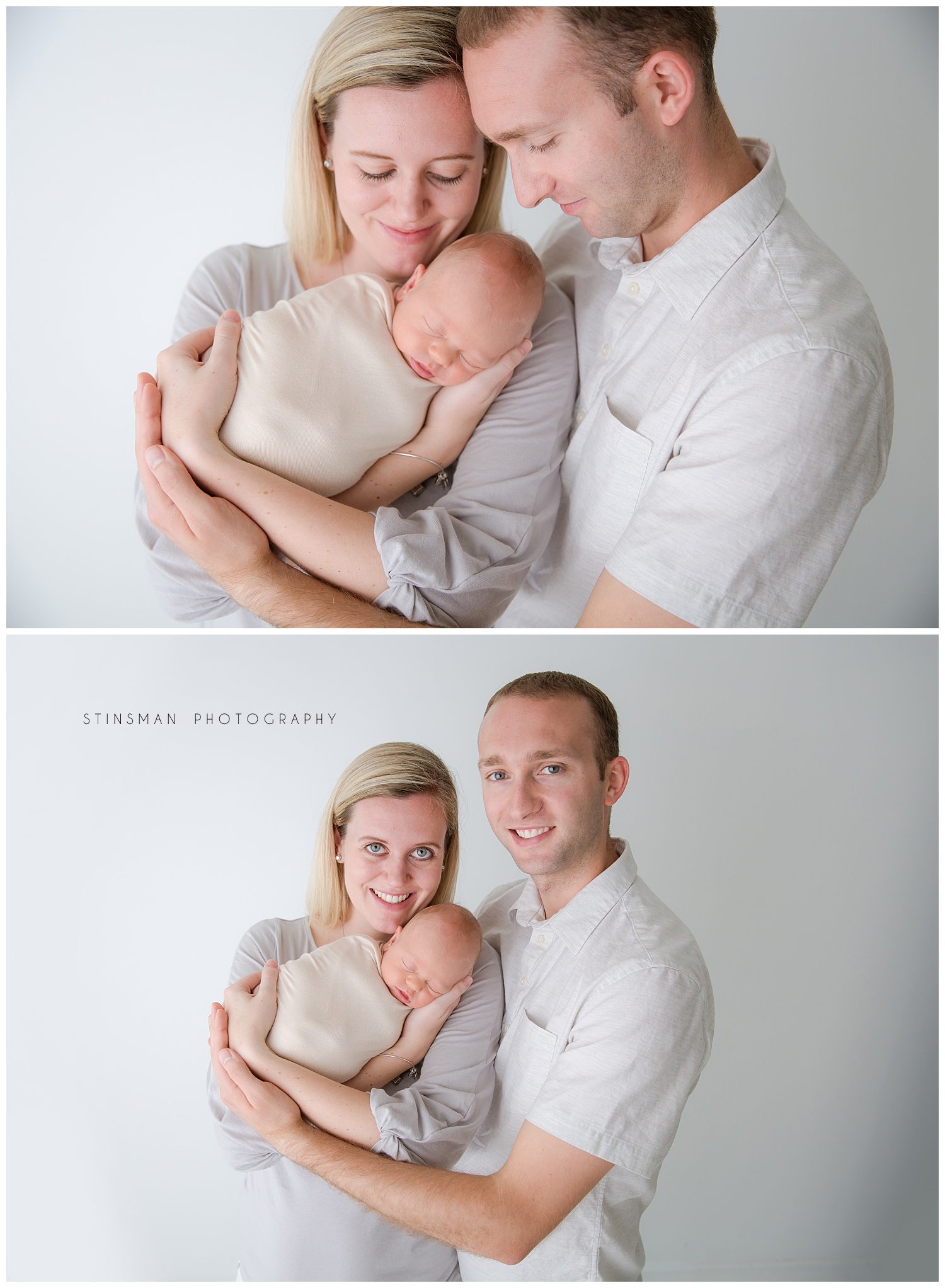 moorestown new jersey newborn photographer mom and dad snuggling with their new baby boy in grey and cream