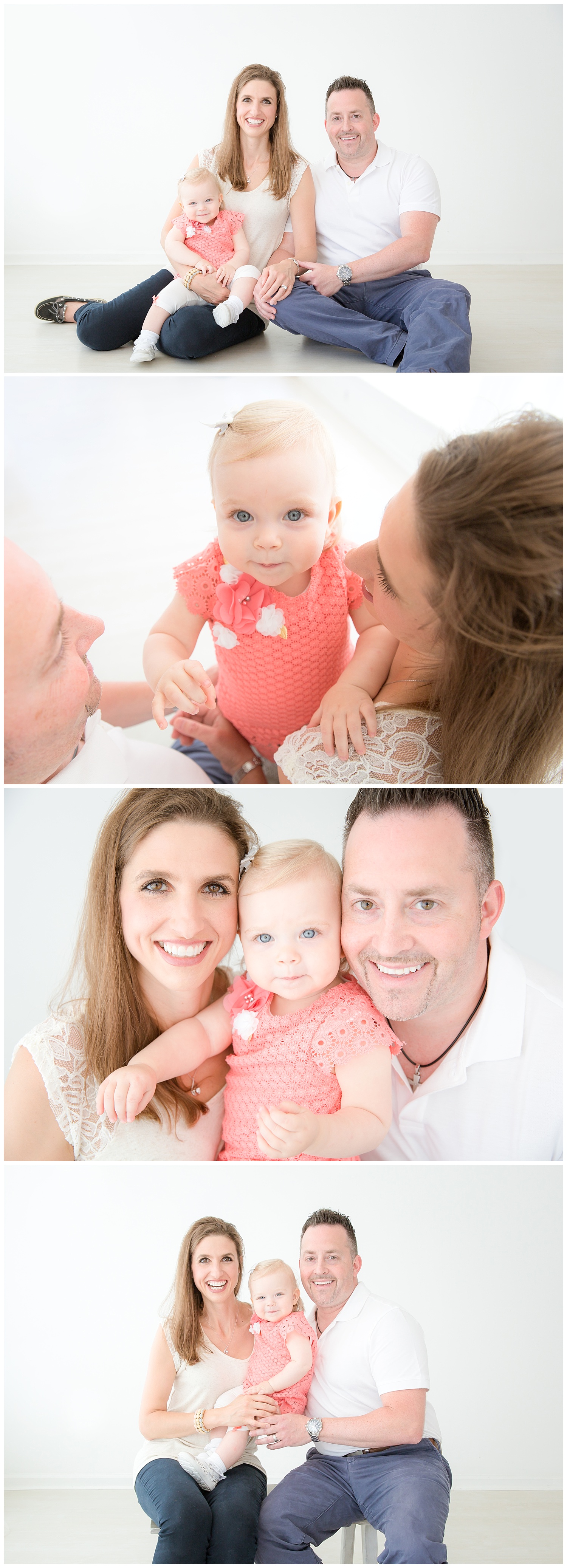 mom and dad snuggling their little girl who is wearing pink in moorestown new jersey photo studio
