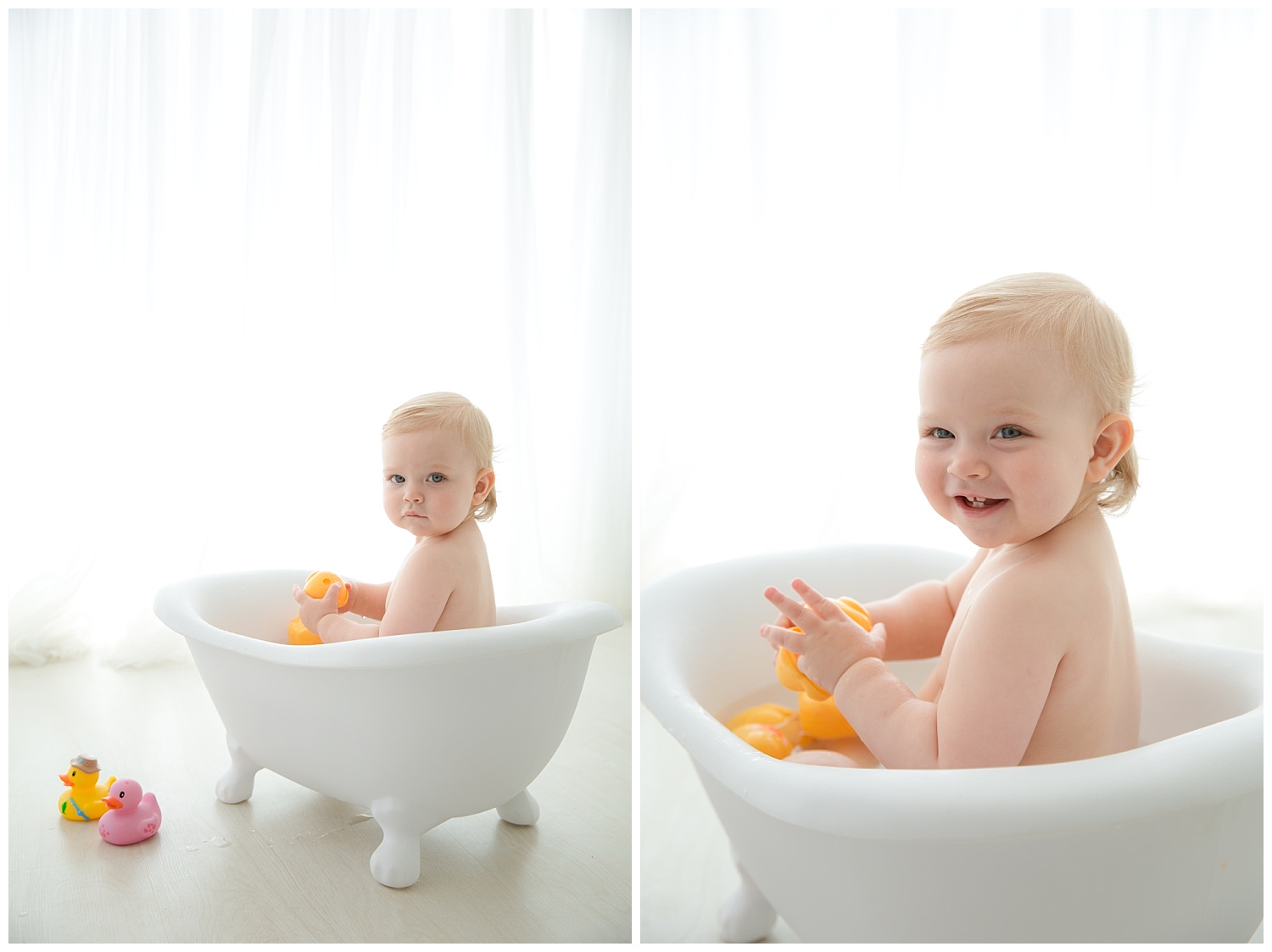 one year old girl splashing in white claw foot tub in moorestown new jersey studio