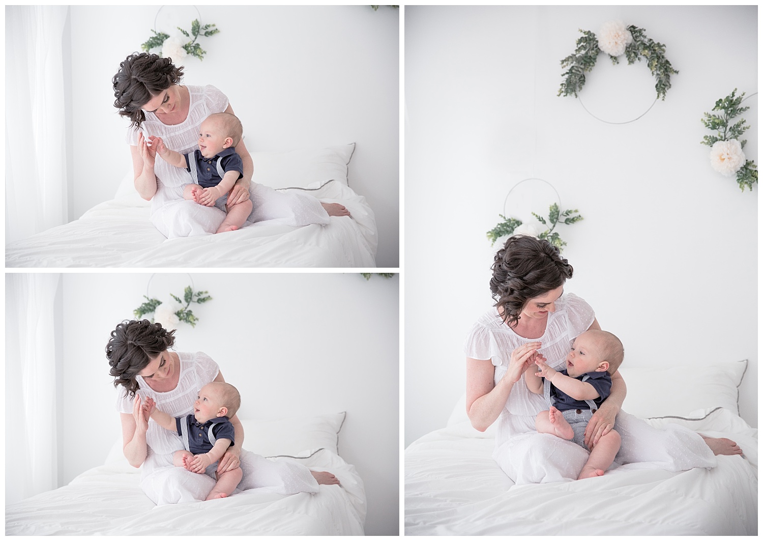 mom playing hand puppets with son while wearing a white dress and son in a blue shirt on a white bed in burlington new jersey studio