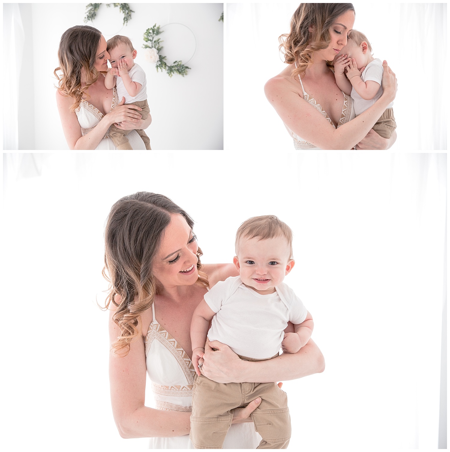 mom holding her 9 month old son in white studio in moorestown new jersey