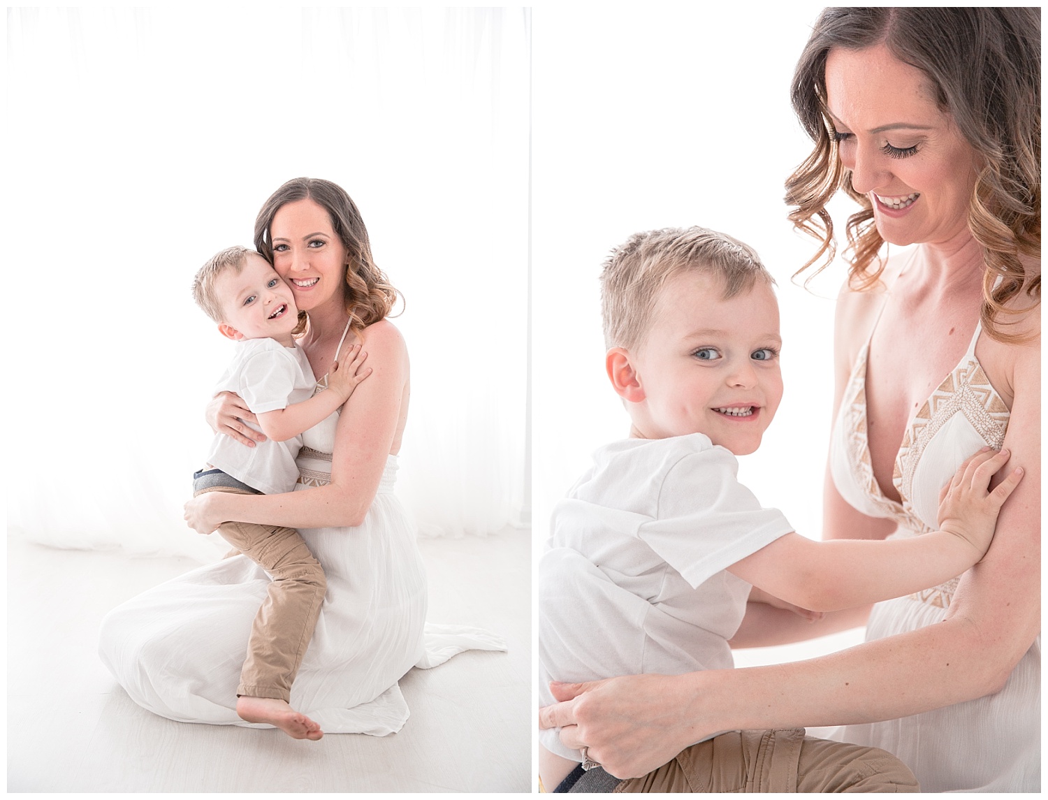 3 year old son hugging his mom and smiling big for the camera in moorestown new jersey studio