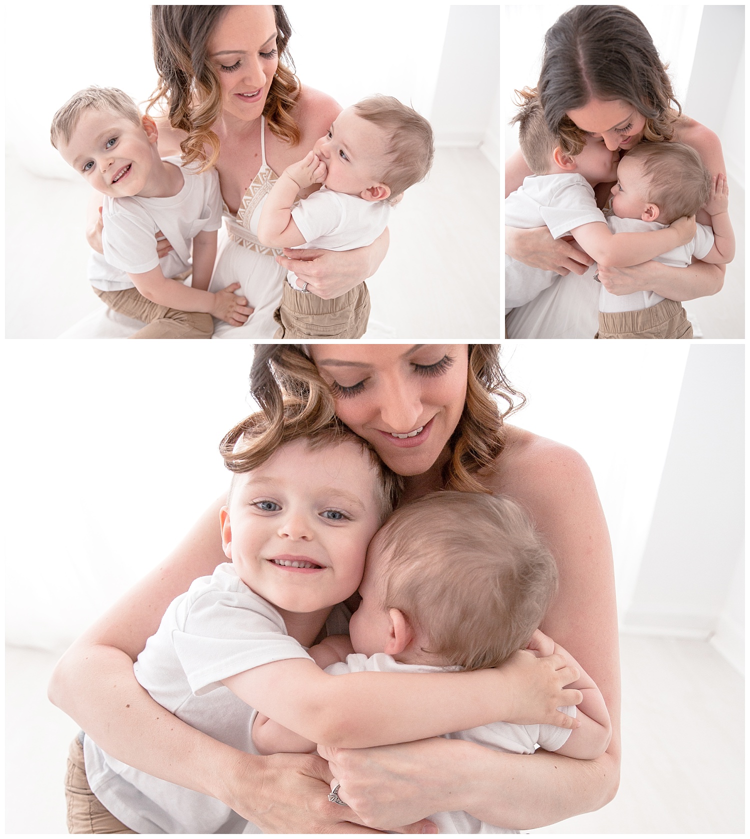 mom holding her two boys in mommy and me session in burlington new jersey photo studio