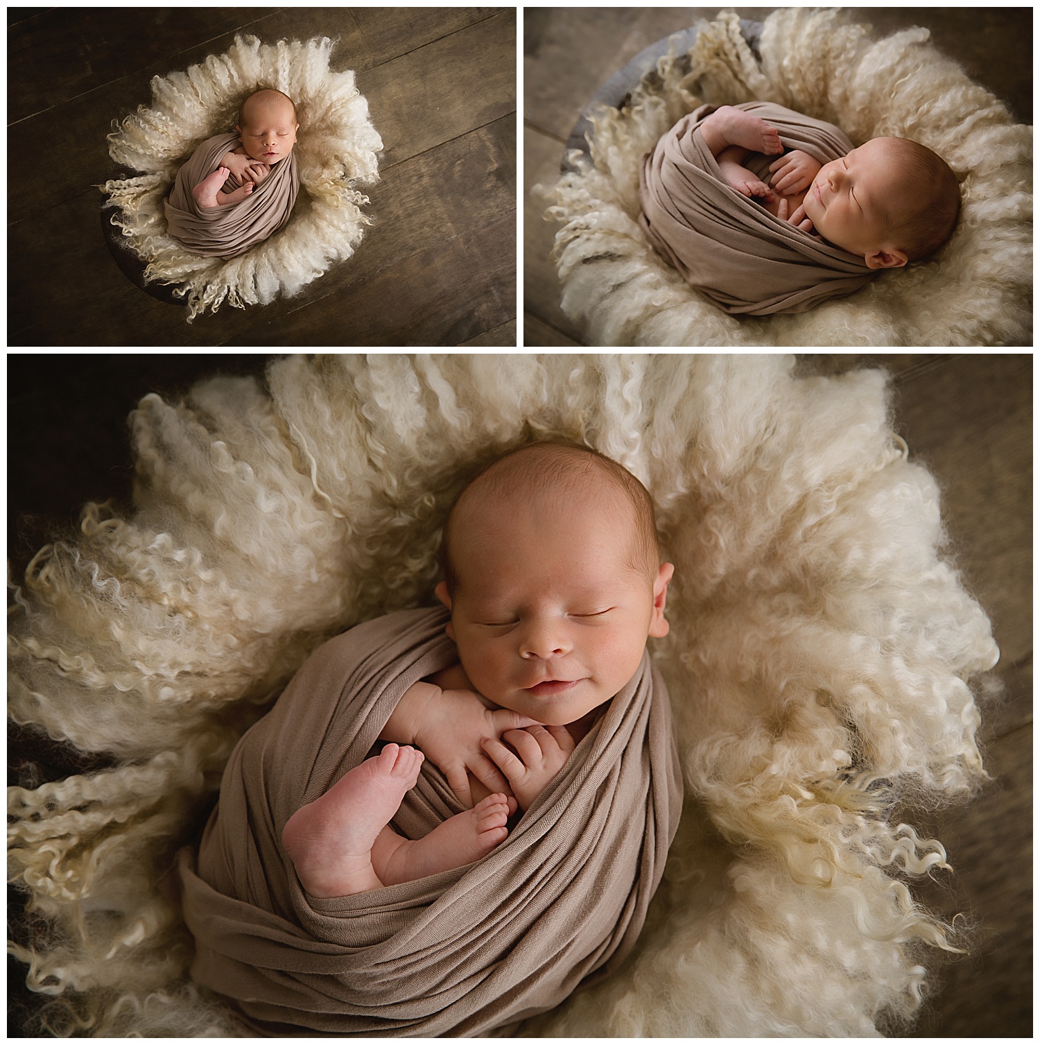 14 day old baby boy smiling while wrapped in brown on dark brown wood in burlington new jersey studio moorestown