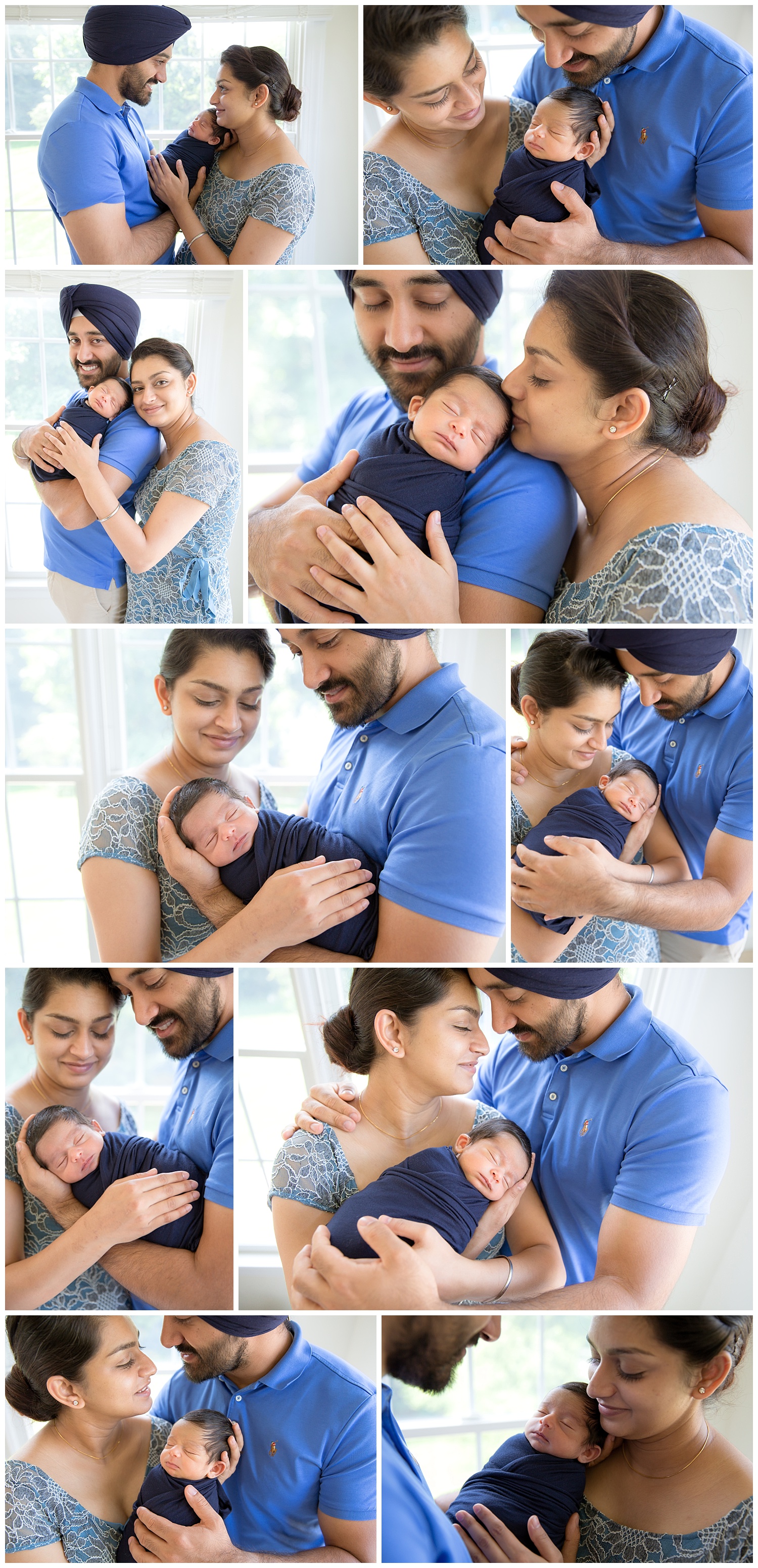 New mom and dad wearing blue and holding their little boy in their Voorhees home for their newborn session