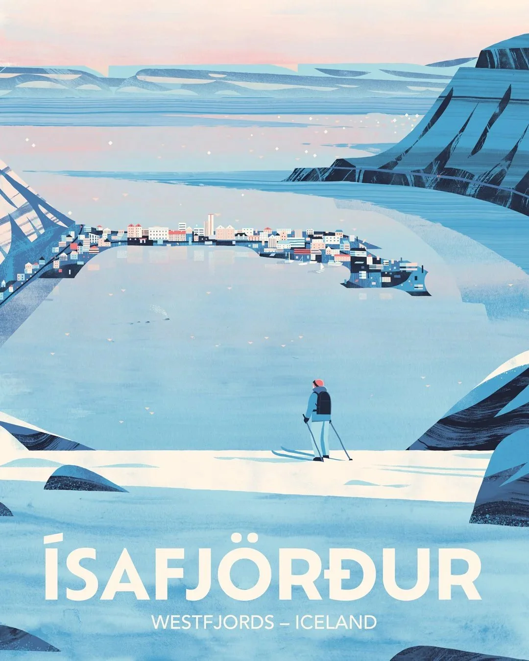 Illustrated poster of a skier overlooking Isafjordur, an Icelandic town in a snowy fjord.