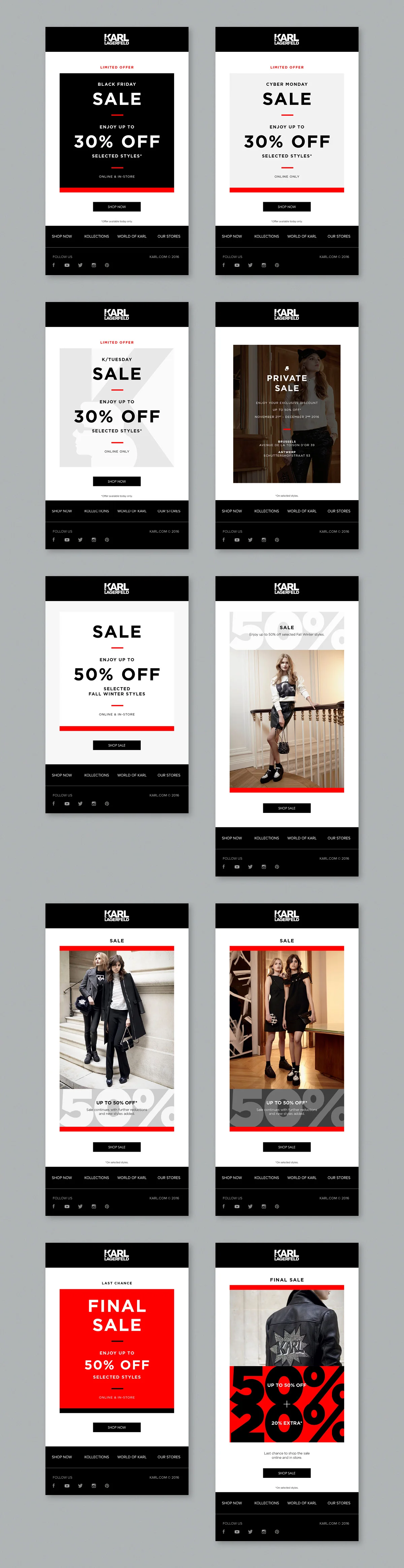 Typographic treatment, which evolved throughout the Karl Lagerfeld global sale, as the traditional red and other design elements became increasingly intense. 