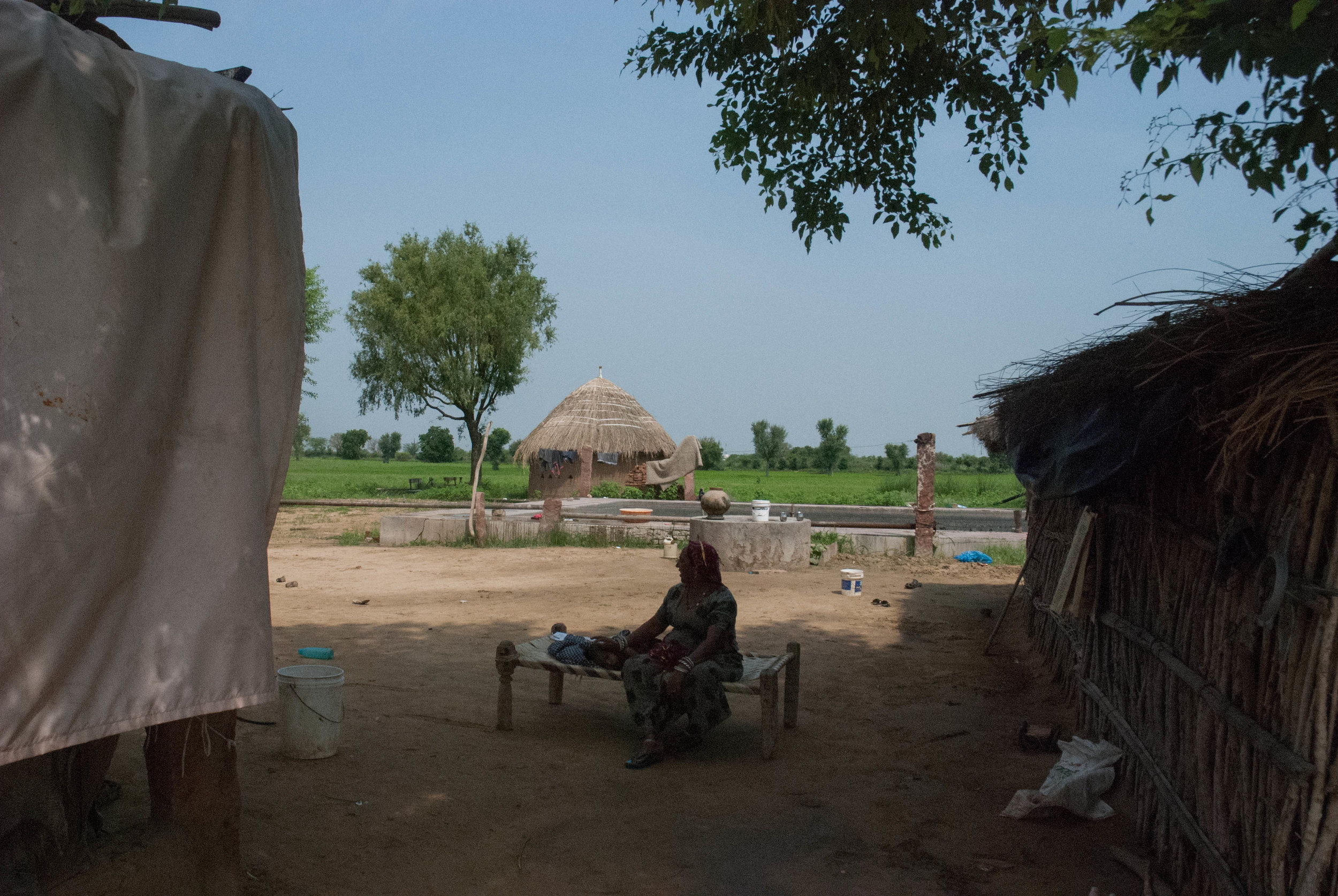  At the  dhani  (desert village) of the Siddh family, their grandma rests with her sleeping grand-daughter during the afternoon heat.  Like many village households that populate the rural landscape of Bikaner, this family is dependent on agriculture,