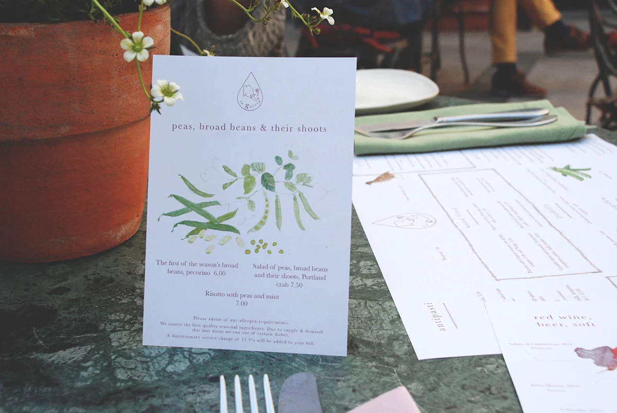 La Goccia by Petersham Nurseries Floral Court, London, 2018 Seasonal menu card Illustration: Alex de Rivaz Design: Dan Biddulph