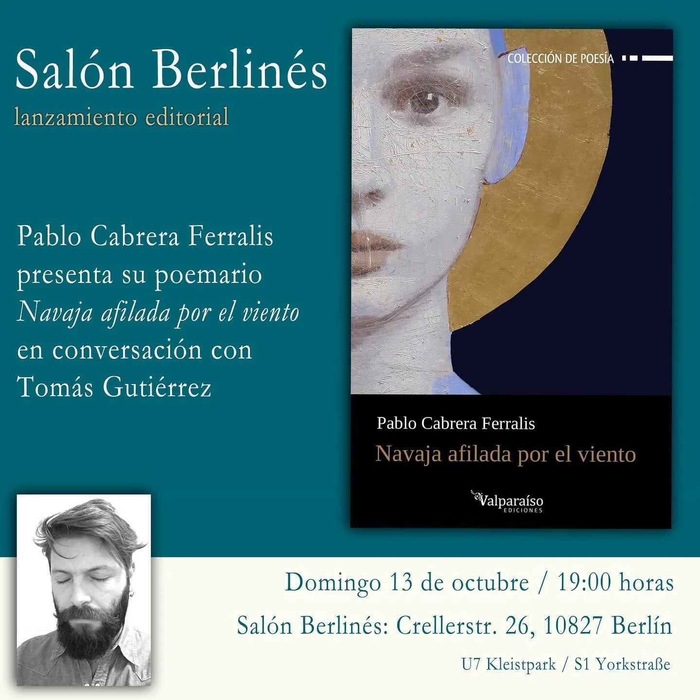 🗣️ Primera presentaci&oacute;n de &lsquo;Navaja afilada por el viento&rsquo; (@valparaisoediciones) donde estar&eacute; conversando con Tom&aacute;s Guti&eacute;rrez en el @salonberlines.

Lugar: Sal&oacute;n Berlin&eacute;s del maestro @pepepizzi 
