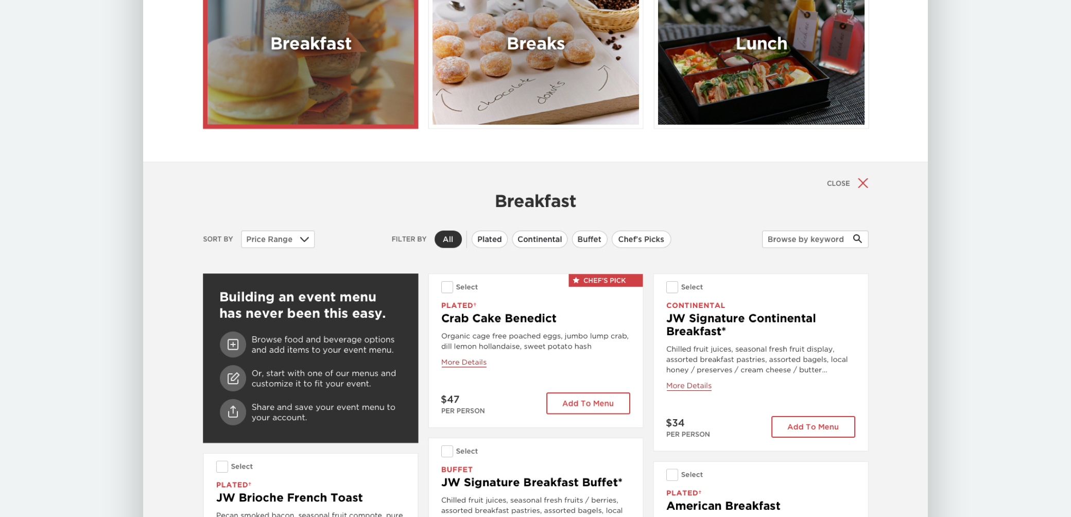 Breakfast section has been selected on the All Menu Options page
