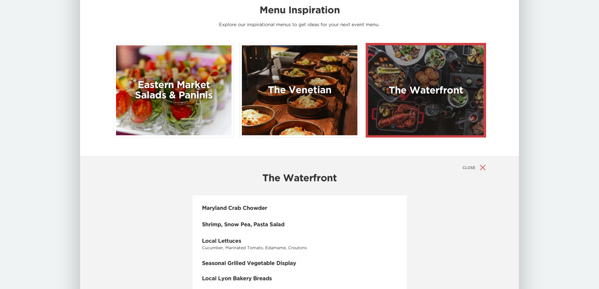 "The Waterfront" pre-planned menu page