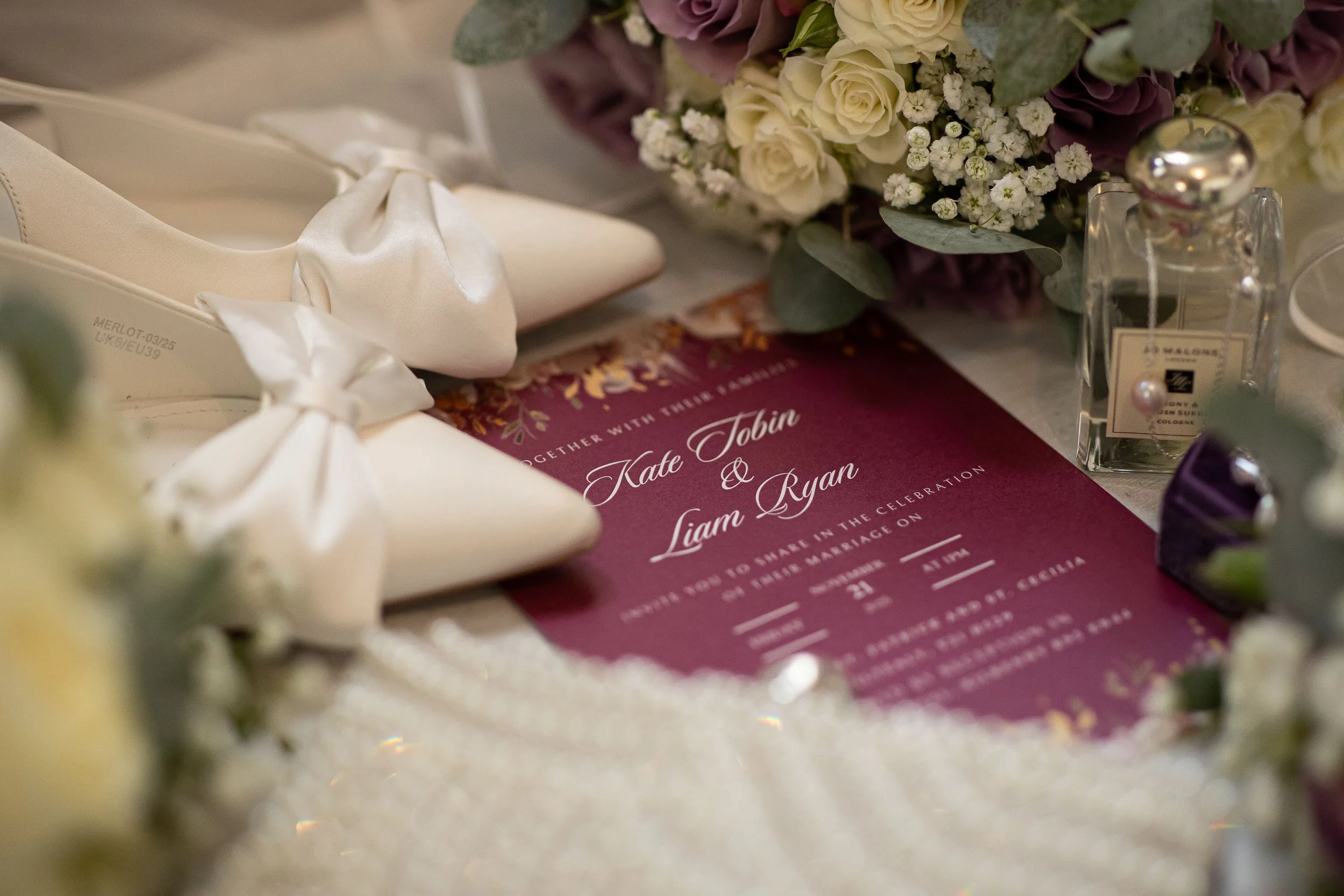 Morning flat lay of wedding details.