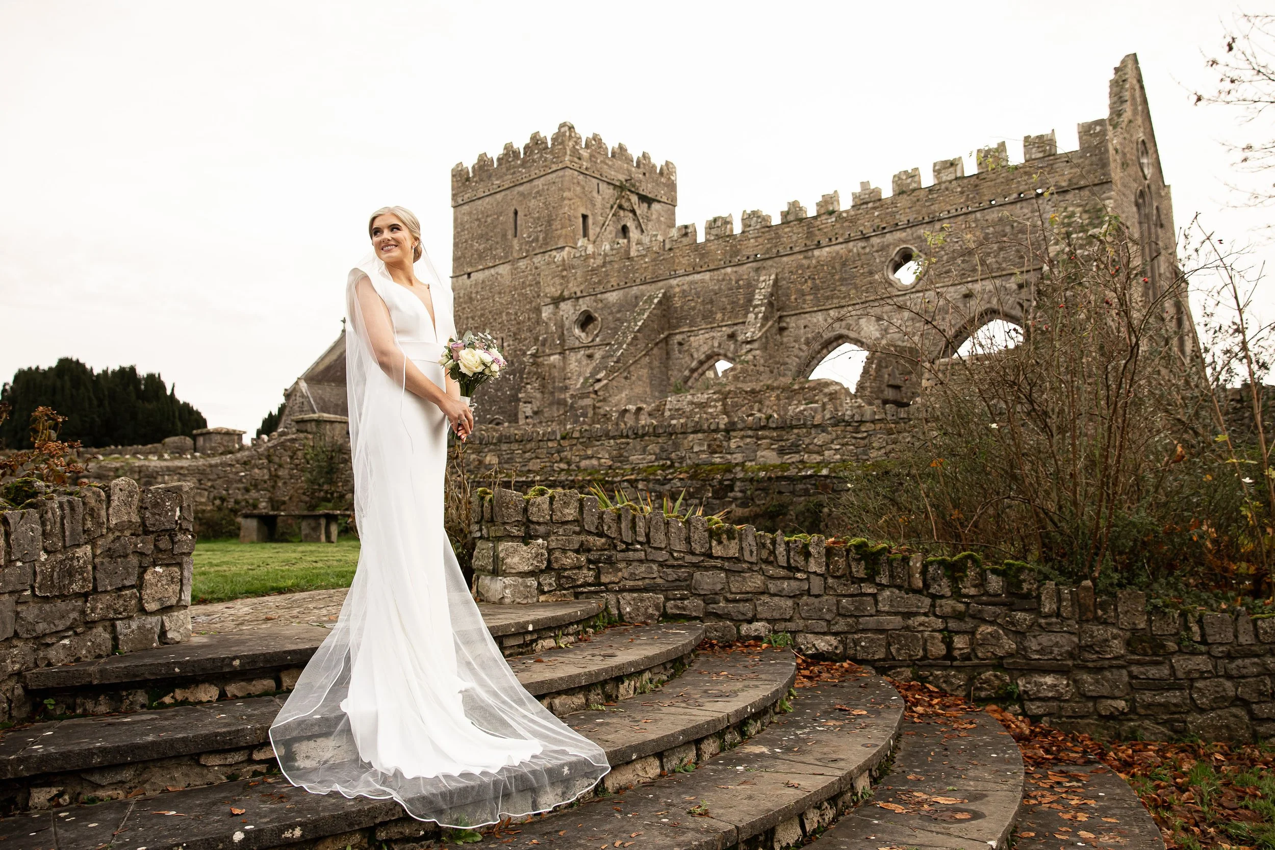 The Bride Kate Tobin at Gowran Abbey, wearing Folkster bridal gowns; photographed by Daragh McCann, Stargaze Photography, Kilkenny.