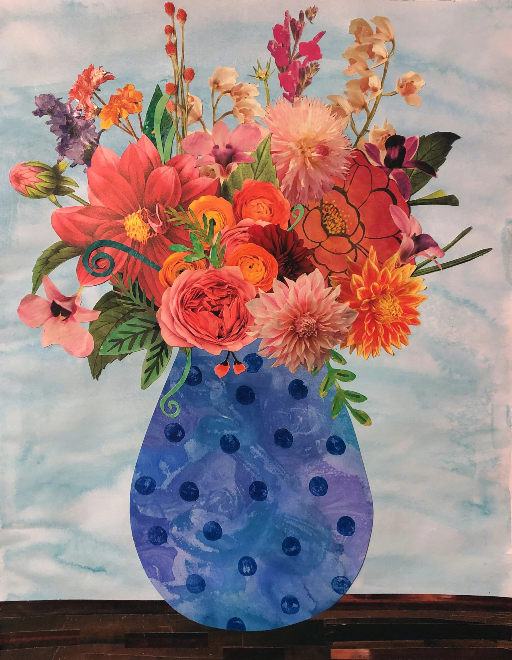 Vase in Flowers, 16”x20”, Gouache, Paper, Gel Medium (2019)