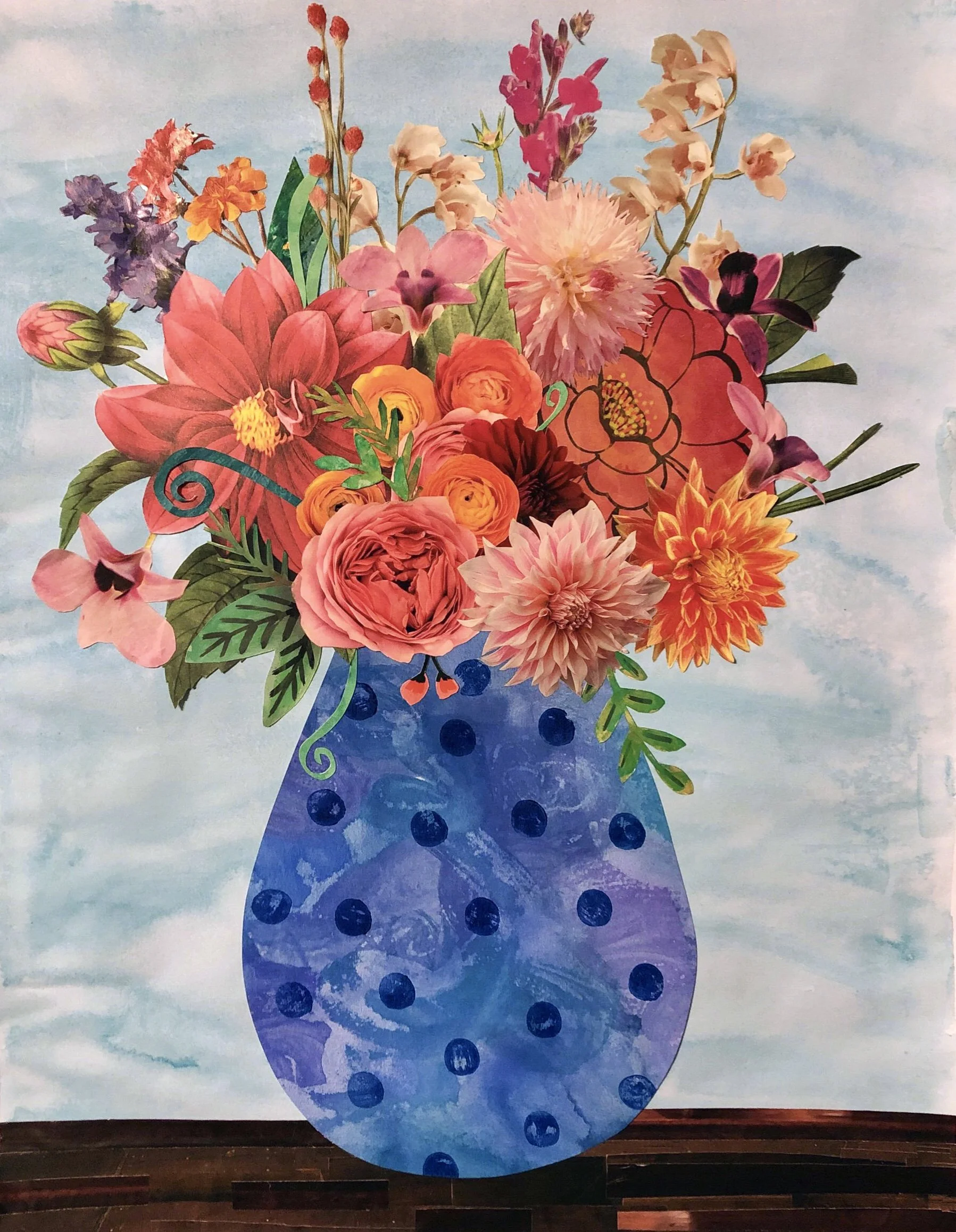 "Dahlia's in Dotted Vase"
16x20" Paper, Acrylic, Gel Medium (2019)