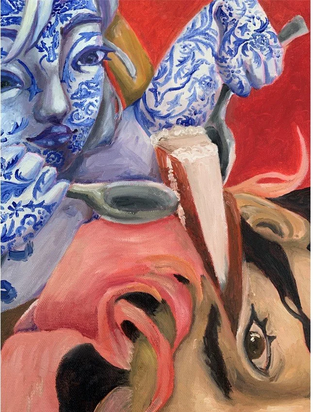 Image Description: Closer view of corner of head emerging from flower, brown eye and a slice of their head that looks like a slice of cake being eaten by the blue head.