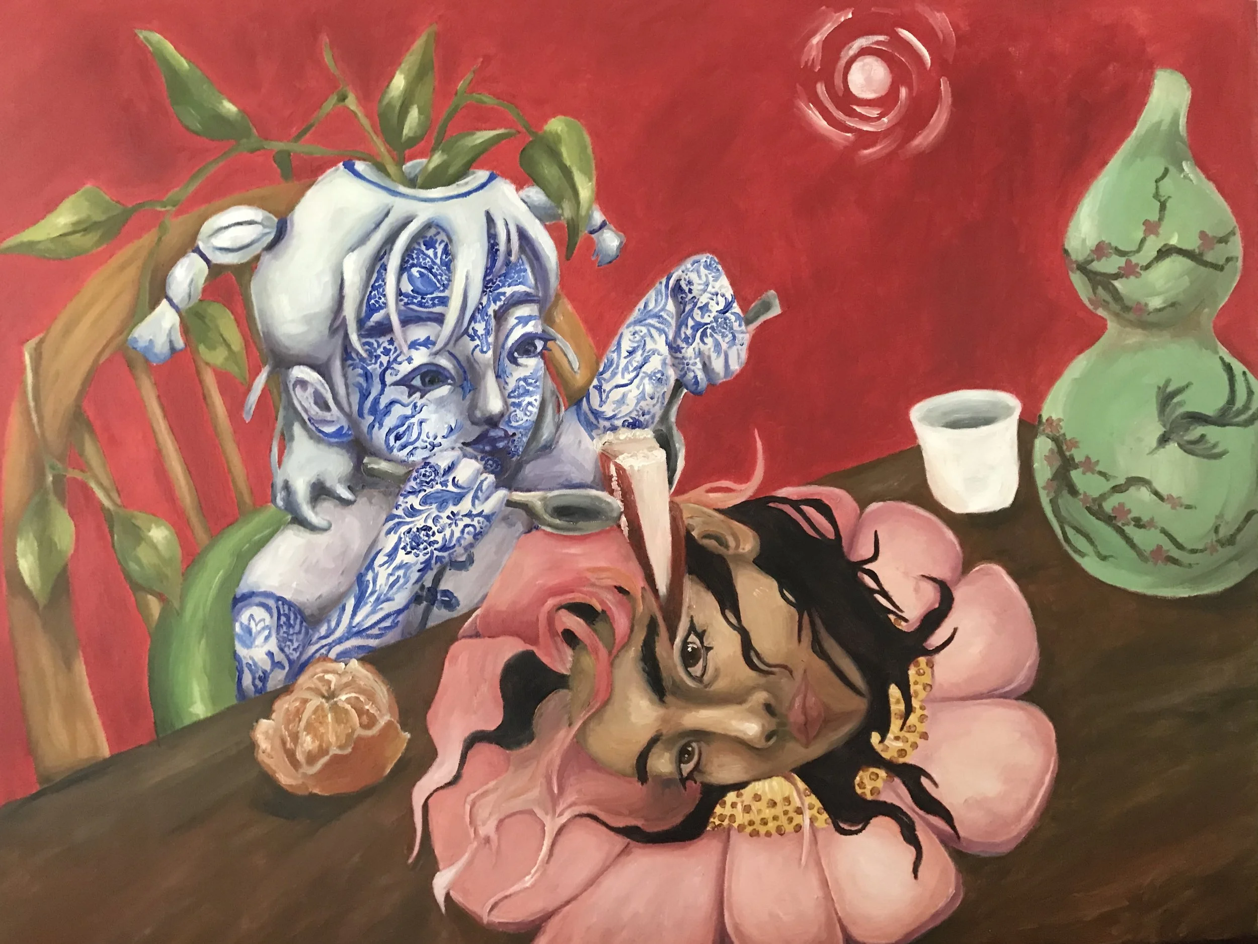 Image Description: Oil painting of two heads, one that is blue and white in a traditional porcelain pattern, the other that is emerging from a pink flower.