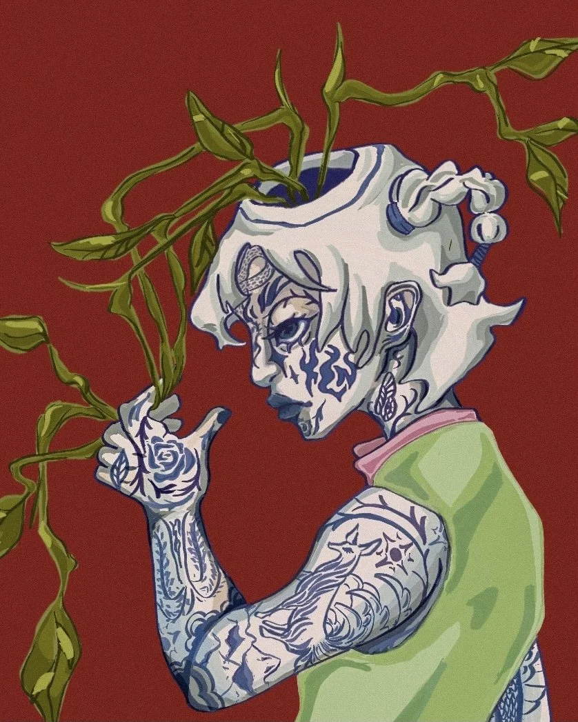 Image Description: Close up of the face and blue patterns on the skin of the porcelain person.