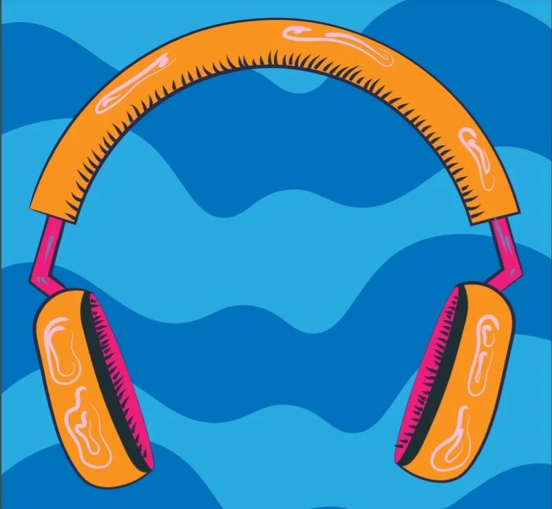 A digital drawing of orange and pink headphones over a wavy blue background