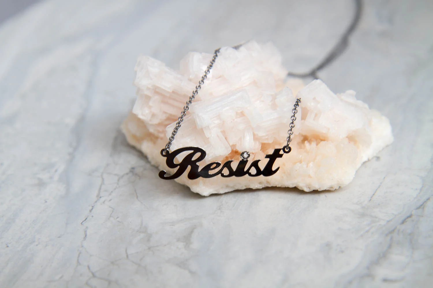 Copy of OTEM New York Jewelry Resist Nameplate Necklace in Recycled Sterling Silver with Black Rhodium Plating and Diamond, Direct to Consumer, Made in NYC