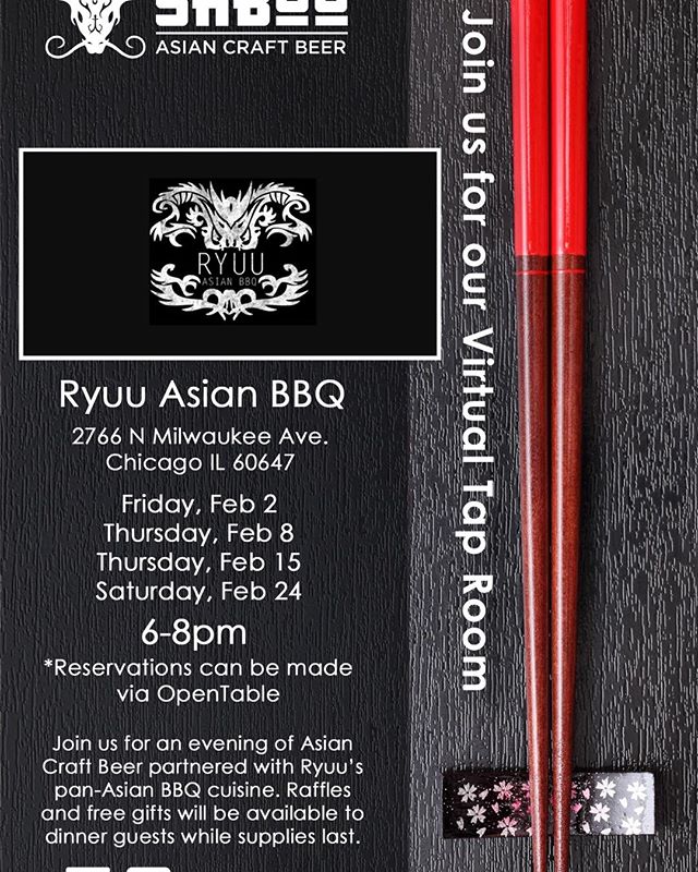 @sabooasiancraftbeer will be at RYUU Asian BBQ pouring tasting samples of their delicious Asian craft beer line up for our diners starting 2/2.  Please peep the dates and we hope to see you there!  Reservations available via @opentable