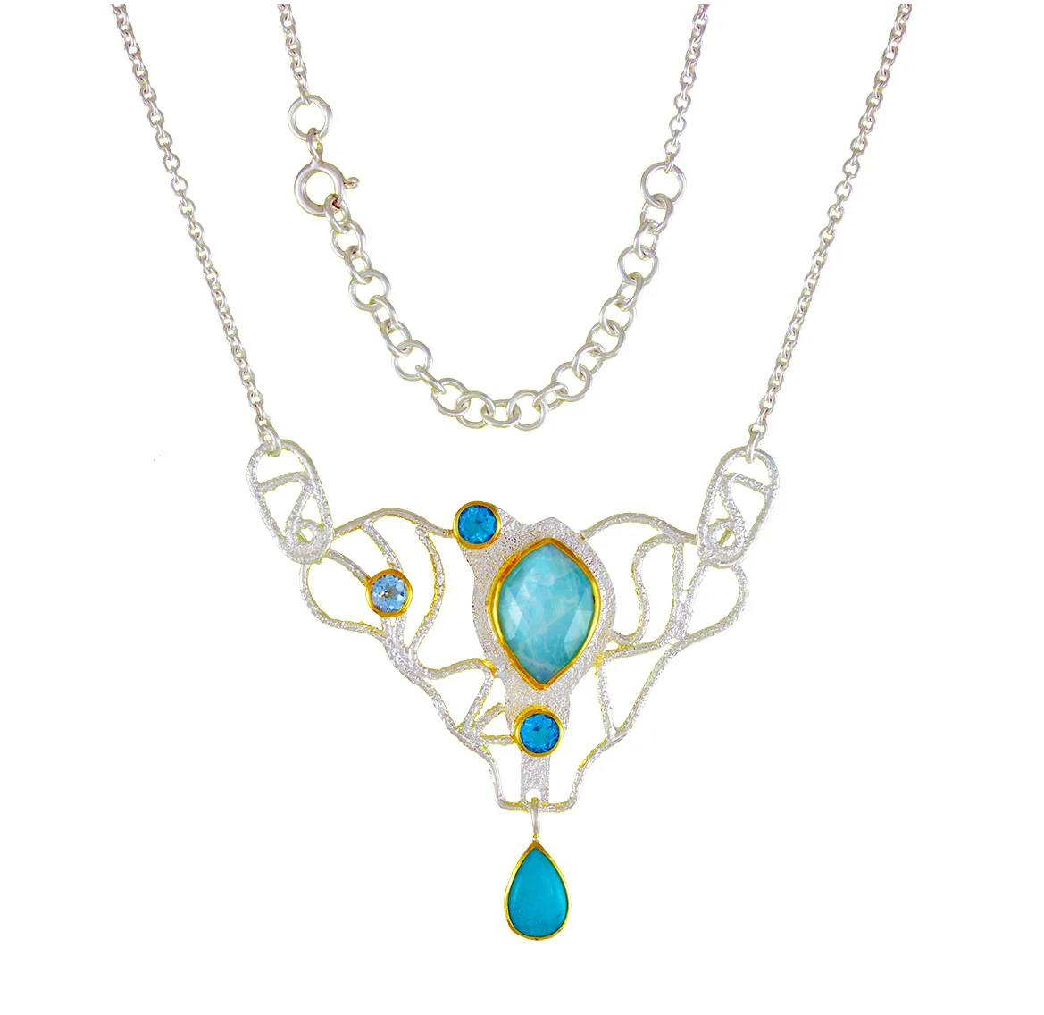670-4 22K Yellow Gold Sterling Silver Sterling Necklace With Stones With 2= Pear Amazonite And 3= Round Blue Topaz, 20" $330.00